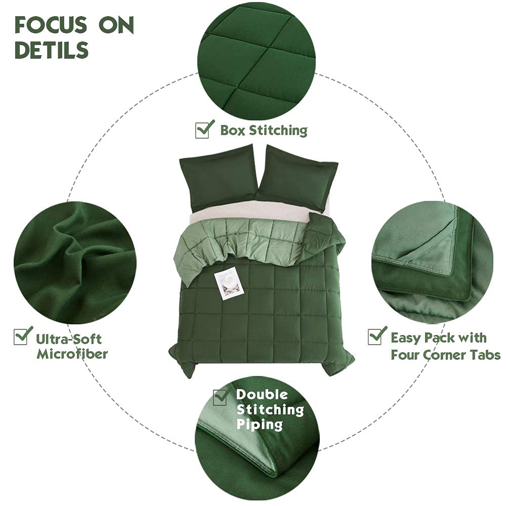 HIG 3pc Down Alternative Comforter Set - All Season Reversible Comforter with Two Shams - Quilted Duvet Insert with Corner Tabs - Box Stitched - Hypoallergenic, Soft, Fluffy (Green, Twin/Twin XL)