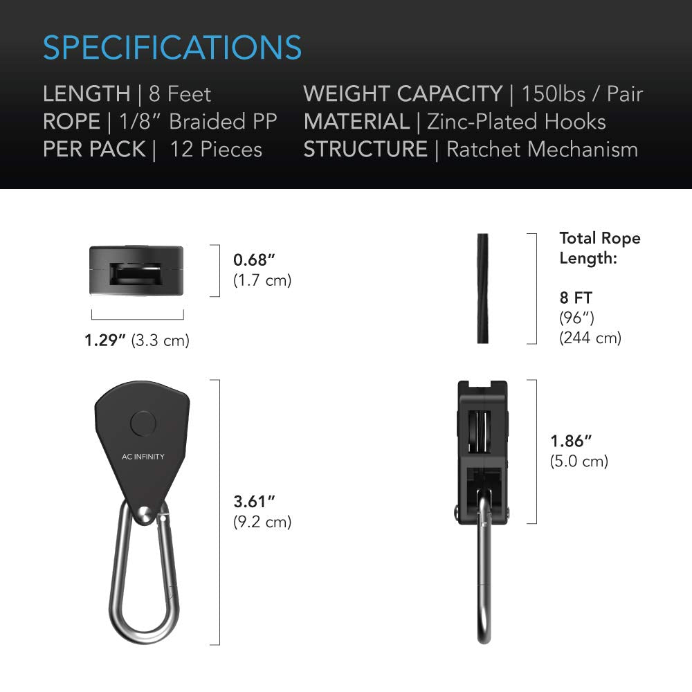 AC Infinity, Adjustable 1/8? Rope Hanger, Heavy-Duty Stainless Steel Gears Ratchets, 150 lbs Weight Capacity, 6 Pairs