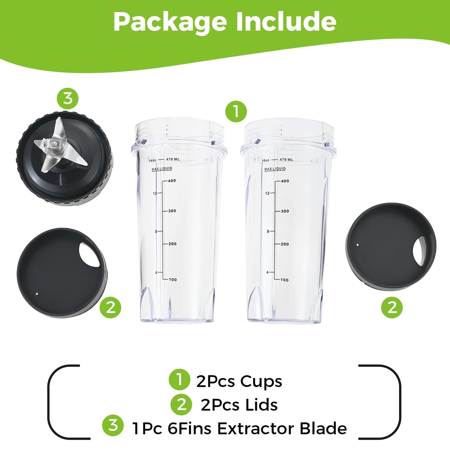 Replacement for Ninja Blender Single Serve 16oz Cups Scale with with Sip Seal Lids, 6 Fins Extractor Blade Compatible with Nurti Ninja Blenders BL660 BL663 BL663CO BL665Q BL740 BL770 (Pack of 5)