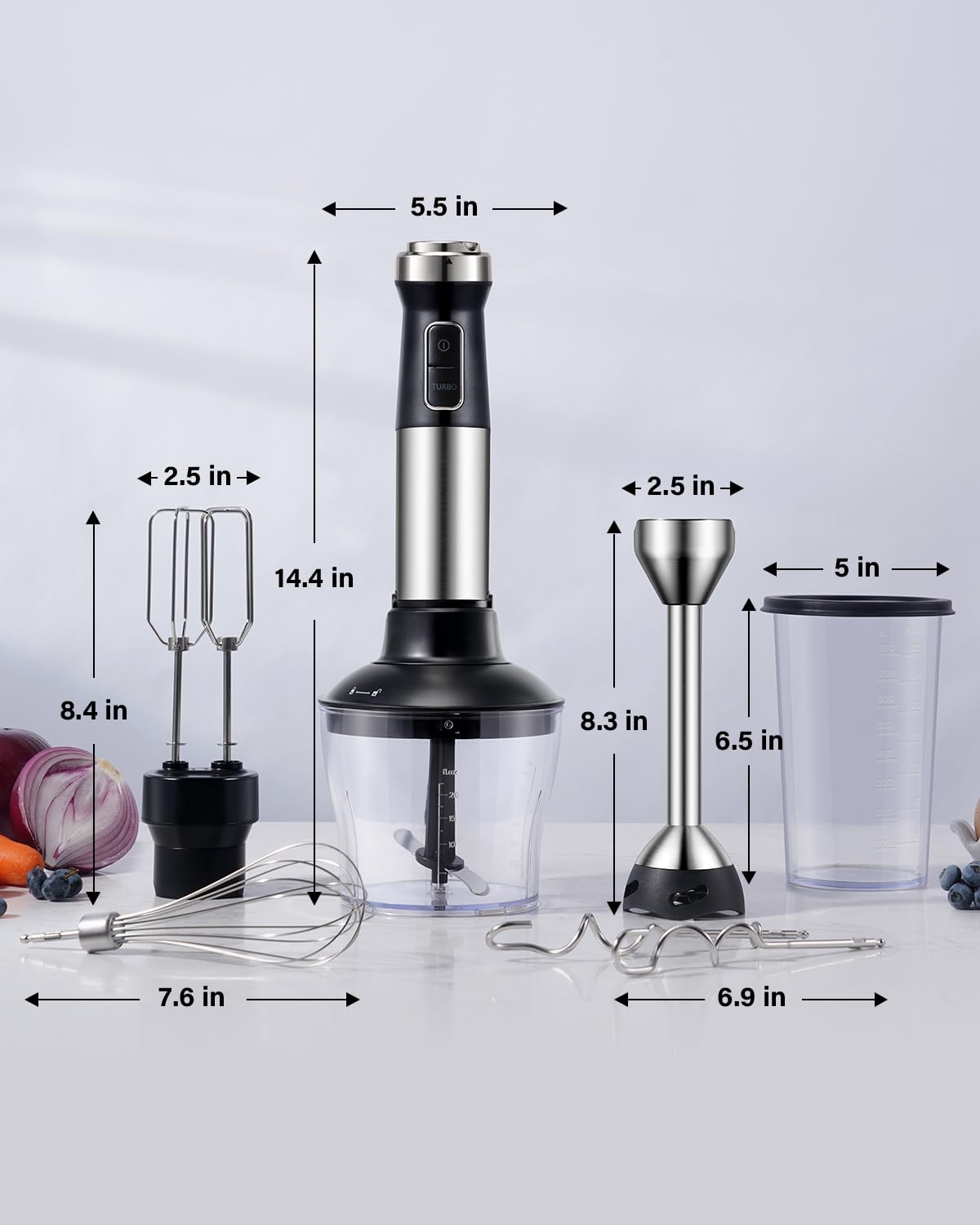 GDOR Hand Blender 1000W, 6-in-1 Immersion Blender Handheld with 20 Speed and Turbo Mode, With Dough Hooks, Egg Beaters, Whisk, 800ml Beaker, 600ml Chopper, BPA Free