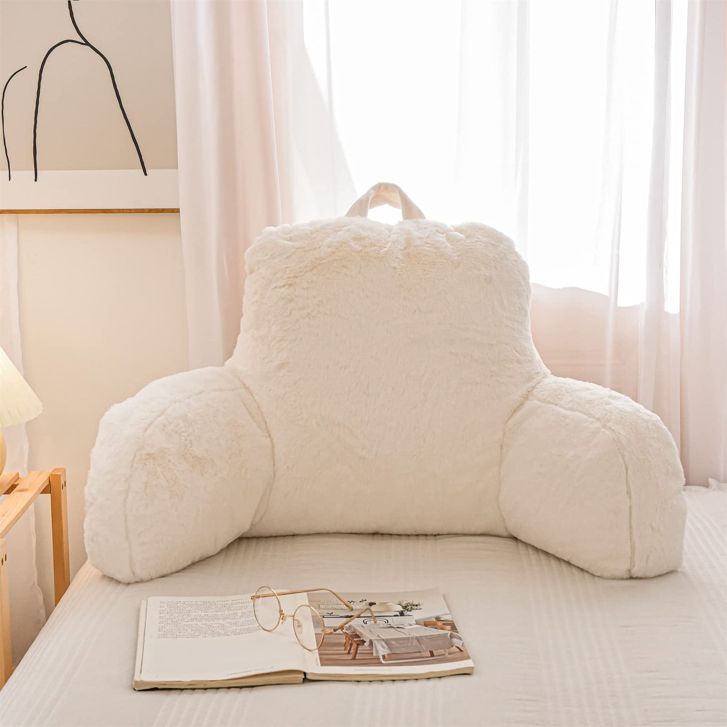 A Nice Night Faux Fur Reading Pillow Bed Wedge Large Adult Children Backrest with Arms Back Support for Sitting Up in Bed/Couch for Bedrest,Ivory,Large