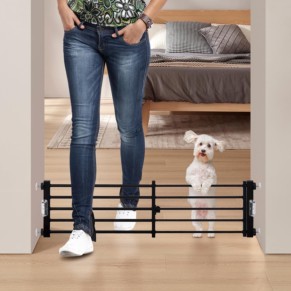beeNbkks LED Light Metal Dog Gate with Door, 24’’-43’’ Width Expandable Step Over Dog Gate, Short Pet Gate for Stairs Doorways Windows, Pressure Mount Indoor Pet Fence for Small Dogs Puppy