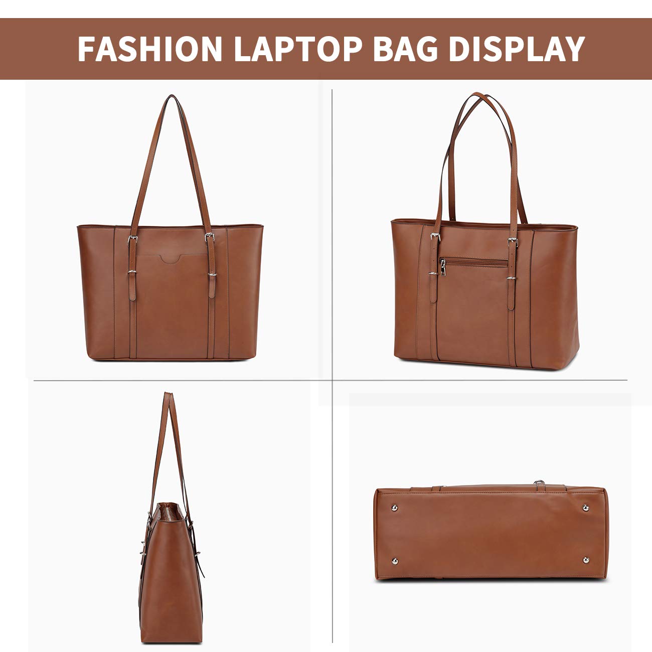 Laptop Tote Bag for Women, VASCHY PU Leather Water Resistant 15.6 inch Satchel, Large Teacher Shoulder Bag for Travel, Work Brown
