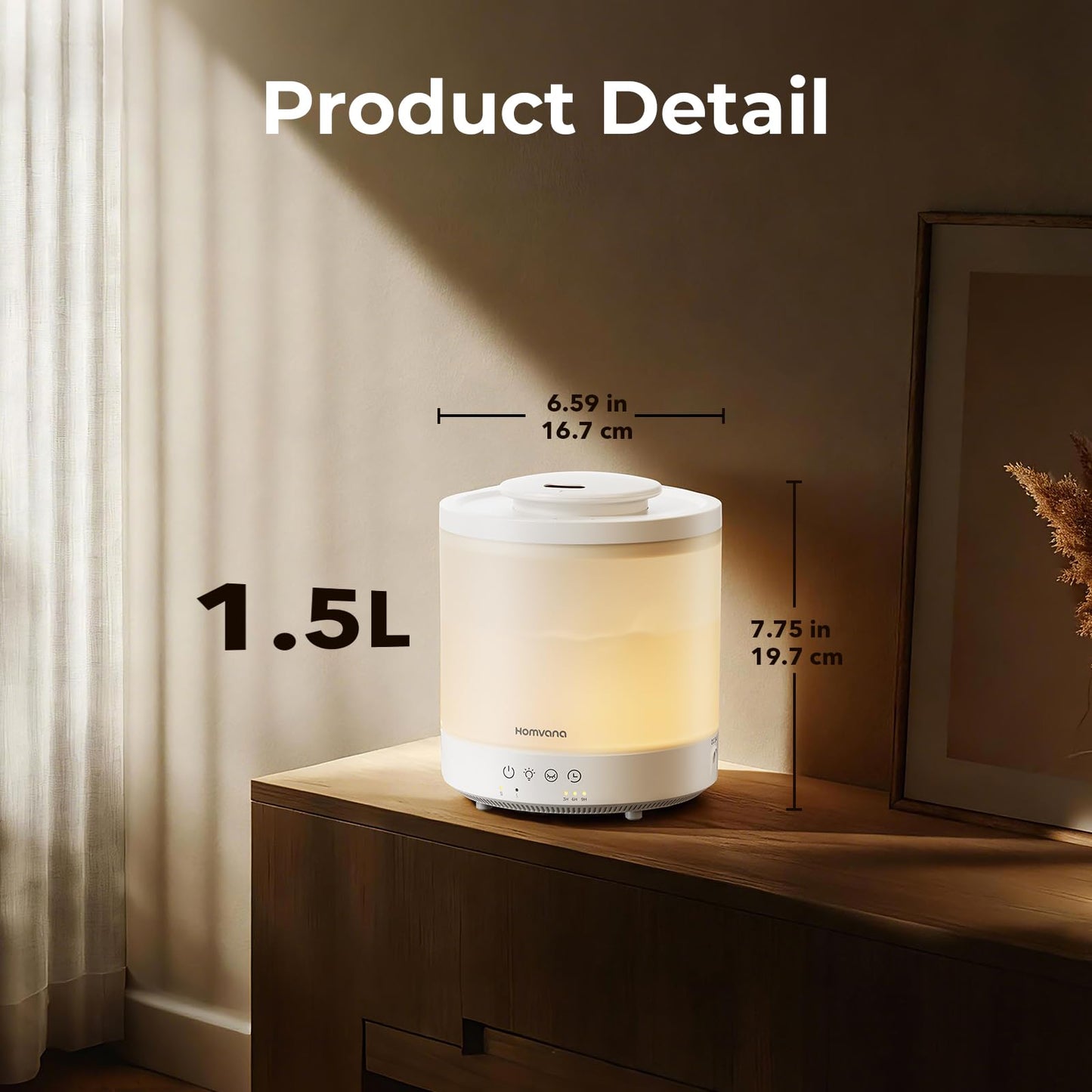 Homvana Small Humidifiers for Bedroom - 1.5L Cool Mist Top Fill Humidifier for Baby Nursery, Essential Oil Diffuser, 3 in 1 for Home Plants Offices and Grow Tents, 7 Color Lights, Ultrasonic (White)