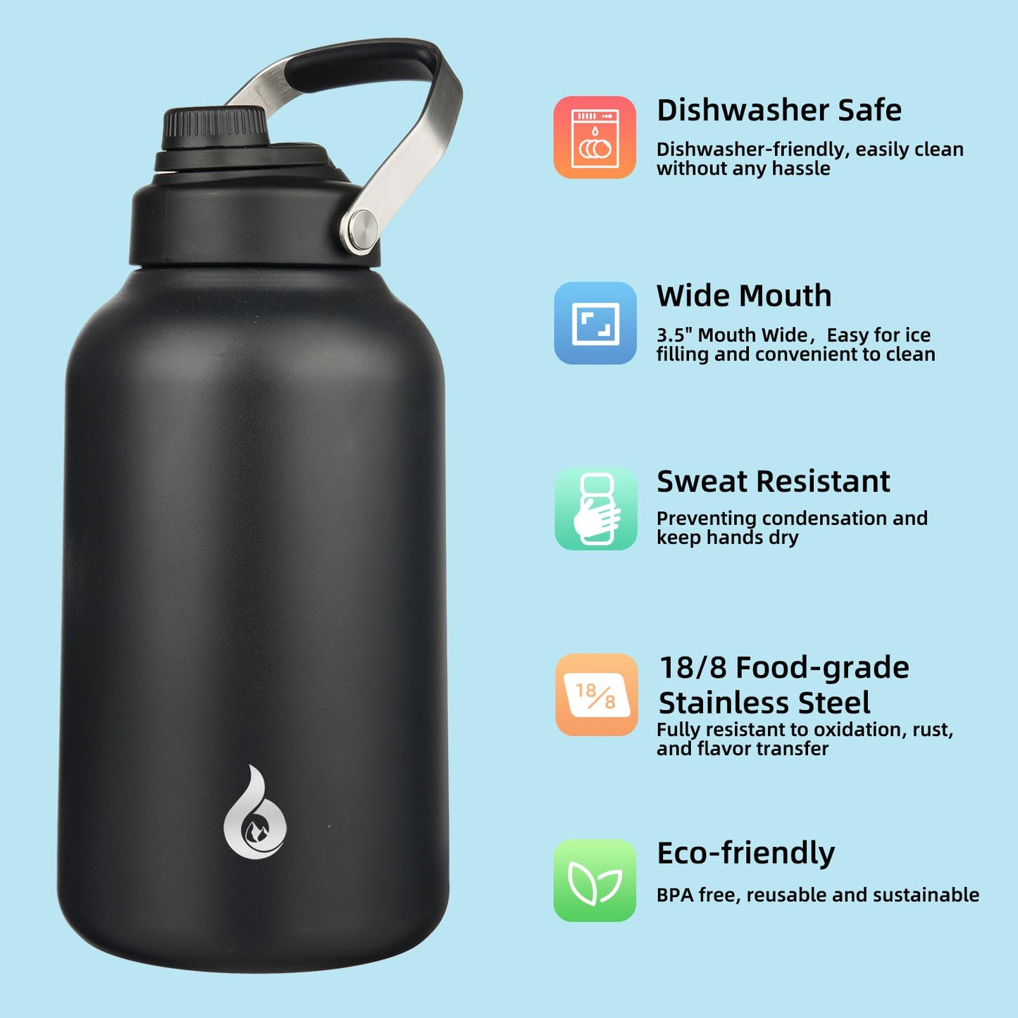 BJPKPK One Gallon(128oz) Insulated Water Bottle, Dishwasher Safe Stainless Steel Metal Water Jug, BPA Free Thermos with Spout Lid & Handle, Large Water Bottle, Black