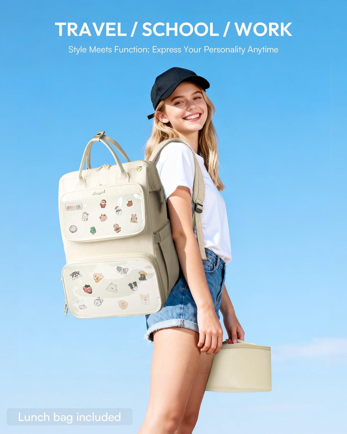 Arcoyard Ita Bag Pin Display Backpack with Insert, Ita Backpack with Lunch Box for Anime Cosplay Concert, 15.6 Inch Lunch Backpack with laptop compartment, Beige