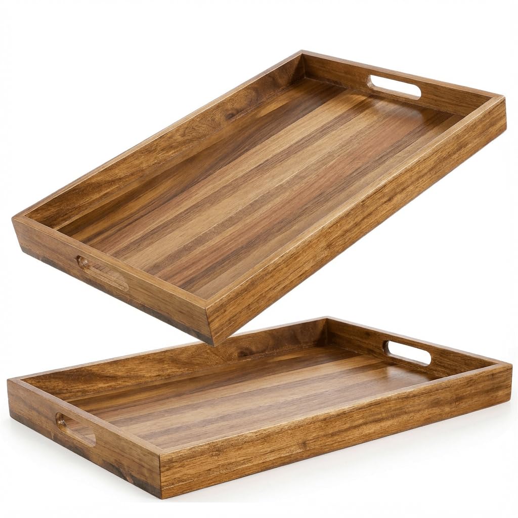 YOUEON 2 Pack 44x30cm Acacia Wood Serving Tray with Handles, Large Wooden Tray for Ottoman, Breakfast in Bed, Dinner, Coffee Table, Perfect for Living Room, Bedroom