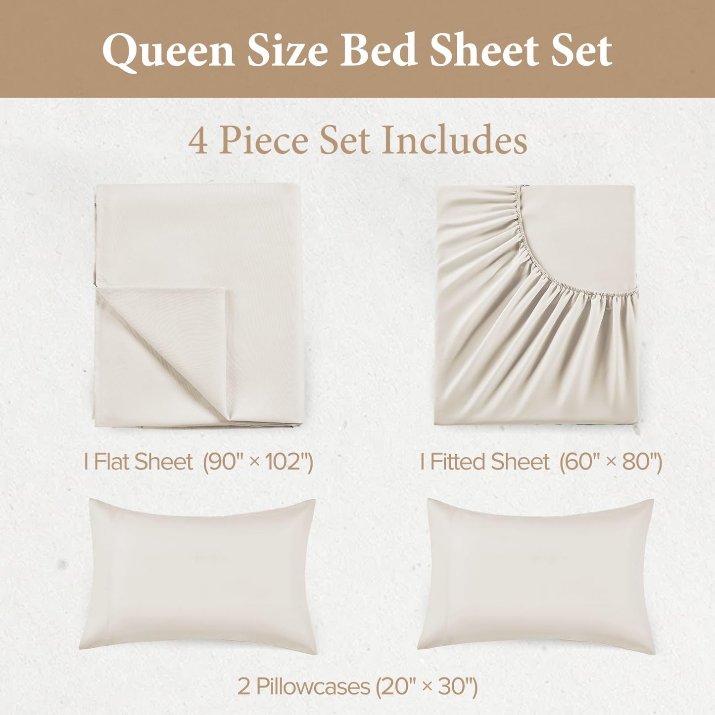 JOLLYVOGUE Queen Size Bed Sheet Set - 4 Piece Bed Sheets Set with Deep Pocket - Soft Breathable & Cooling - Resists Shrinkage & Fading Draps Queen - Easy Care (Beige)
