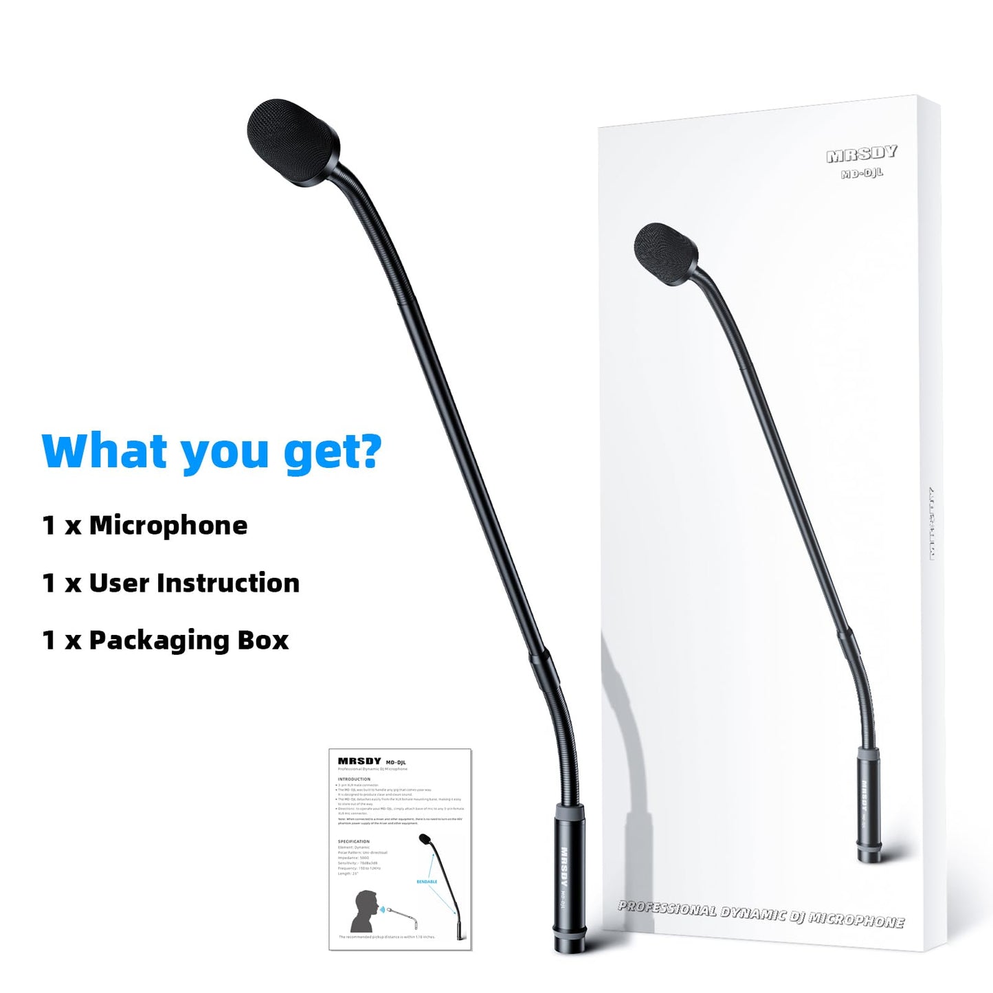 MRSDY Gooseneck Microphone, 23 Inch DJ Microphone for Audio Mixer, Professional XLR Wired Dynamic Mic, Extended Black Metal Noise Reduction Mic, Supports 360° Rotation and Bending