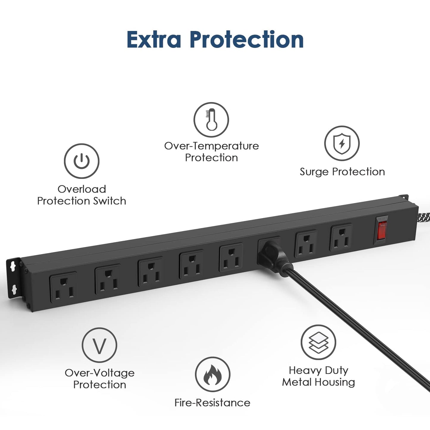 8 Outlet Power Strip - Metal Power Strip with Switch,Wide Spaced Moutable Power Strip,6ft 14Awg Braided Cord,Home Office Industrial Garage Commercial