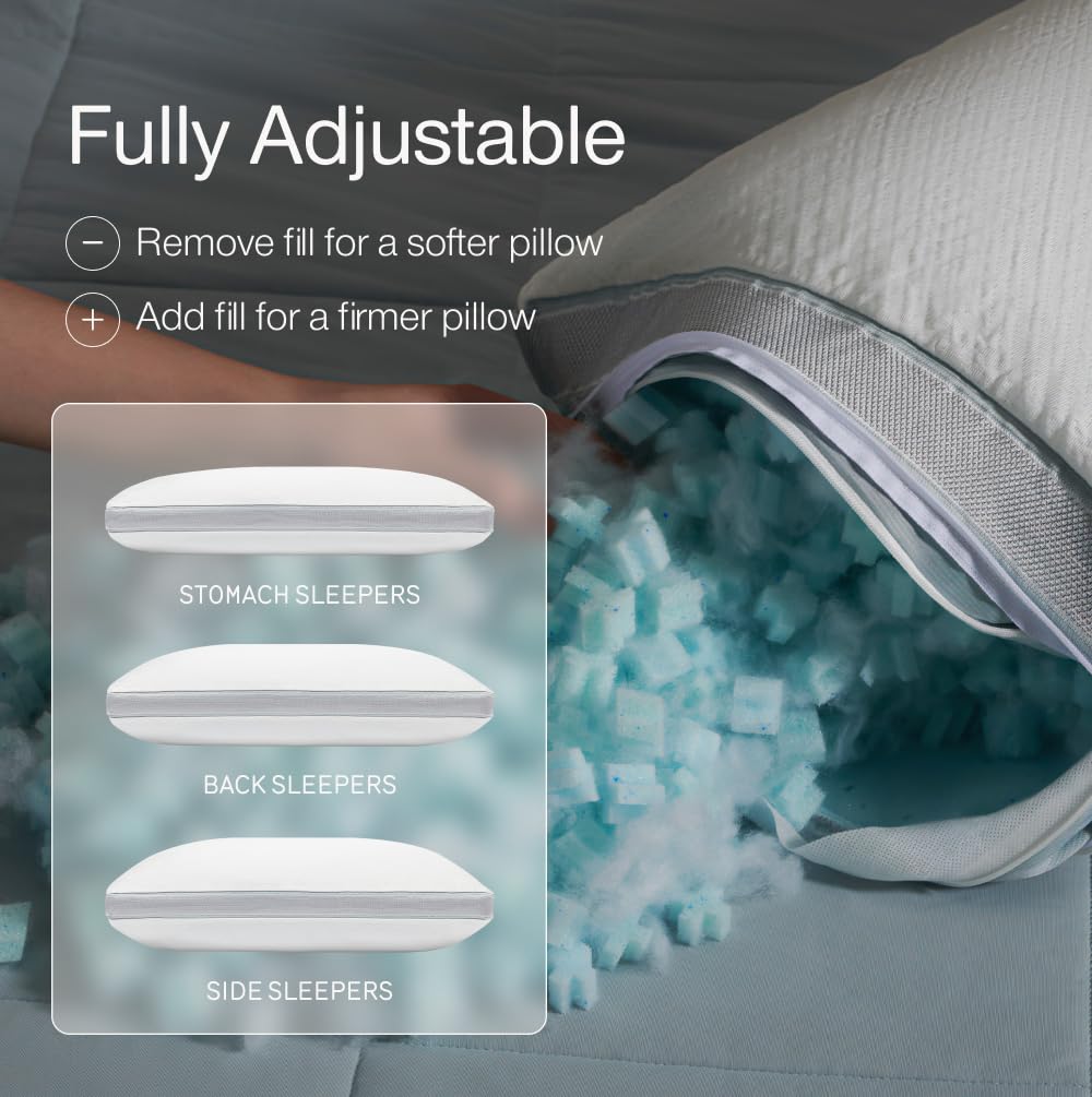 Coop Home Goods Eden Cool+ Adjustable Pillow, Queen Size Plus Shaped Memory Foam Pillows with Cooling Gel, Back, Stomach or Side Sleeper, Neck Support for Sleeping, CertiPUR-US/GREENGUARD Gold