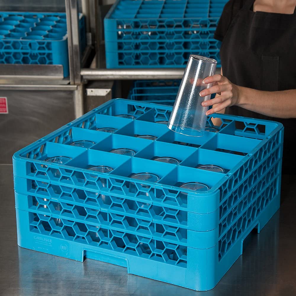 Carlisle FoodService Products OptiClean Glass Rack, 16-Compartments (4.45" x 7.88") with 3 Extenders, Polypropylene, 19.88 x 19.88 Inches, Blue