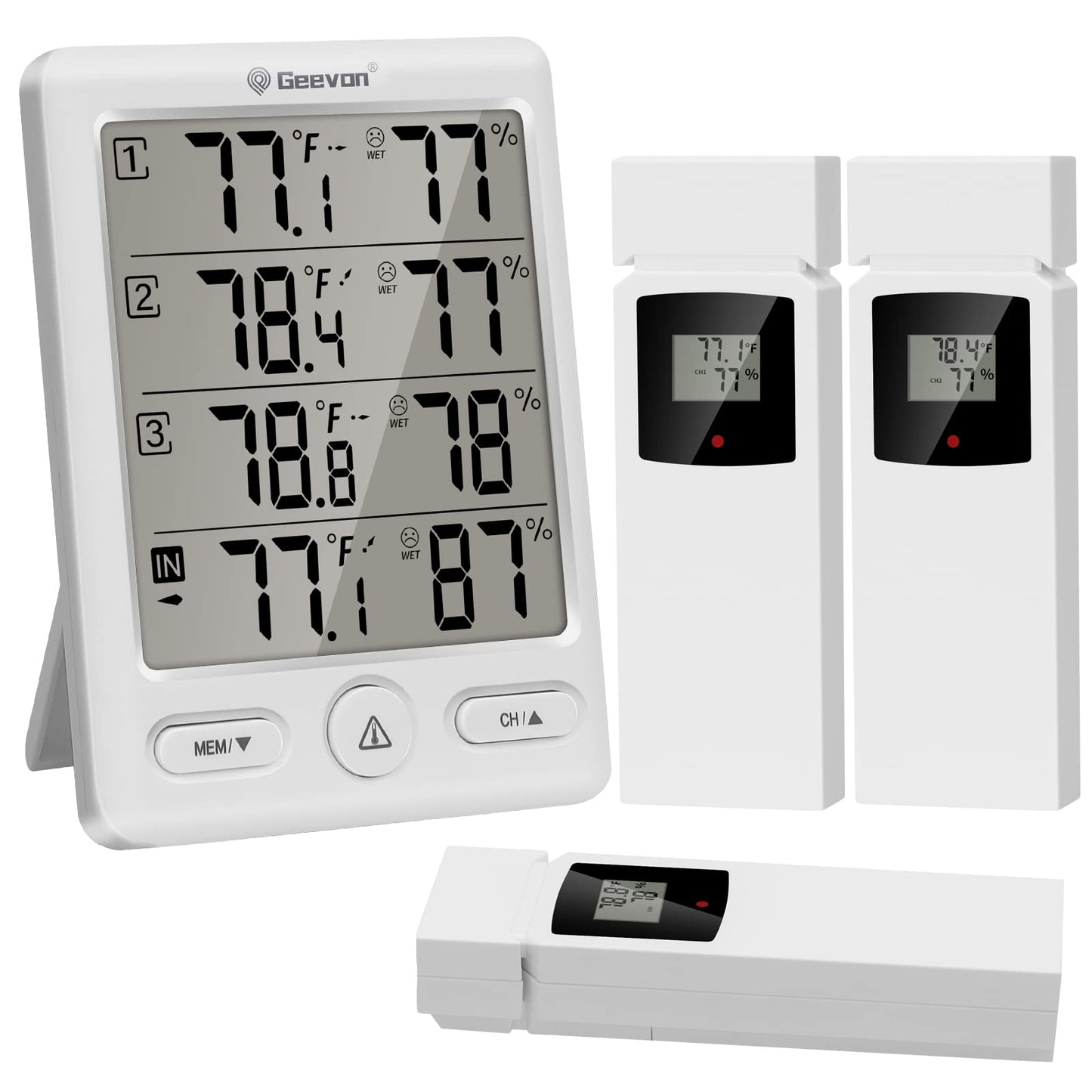 Geevon Indoor Outdoor Thermometer Wireless with 3 Remote Sensors, Digital Hygrometer Thermometer Temperature Humidity Monitor with Comfort Indicator, Temp Alarm, 60M/200FT Range for Home(White)