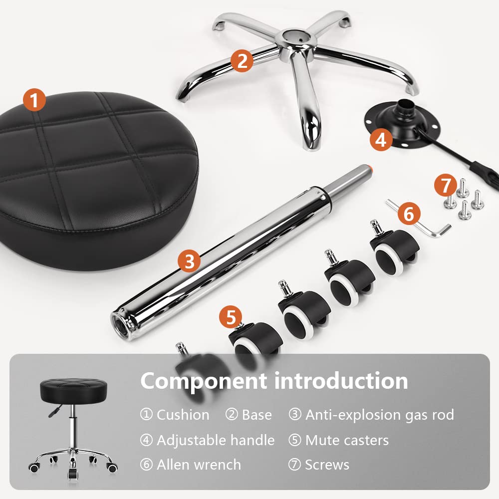 KKTONER Round Rolling Stool PU Leather Height Adjustable Swivel Drafting Work SPA Salon Stools Chair with Wheels (Black)