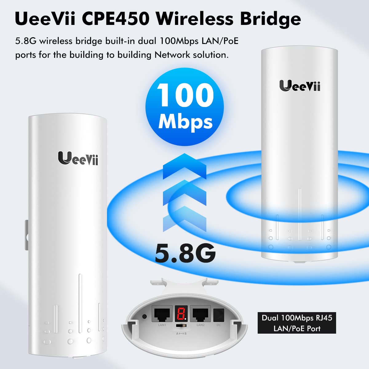 UeeVii WiFi Bridge Outdoor : 5.8G Point to Point Wireless Bridge CPE450 Plug and Play for Network Extend, 3KM Long Range CPE, IP65 Waterproof, Ideal for Starlink, Security Camera/Barn/Shop/Garage