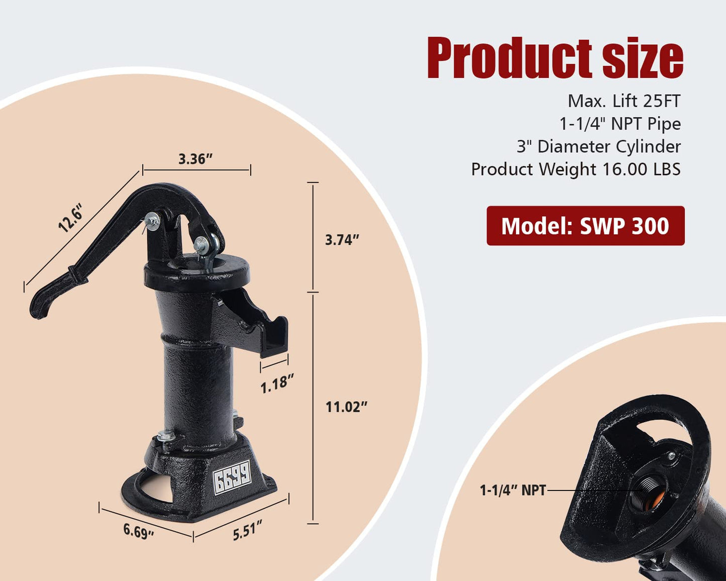 6699 Durable Cast Iron Pitcher Pump Antique Manual Hand Shake Suction Well Pump Water Transfer Pump 25ft Maximum Lift Easy Installation for Outdoor Garden Pond Backyards SWP 300 Black