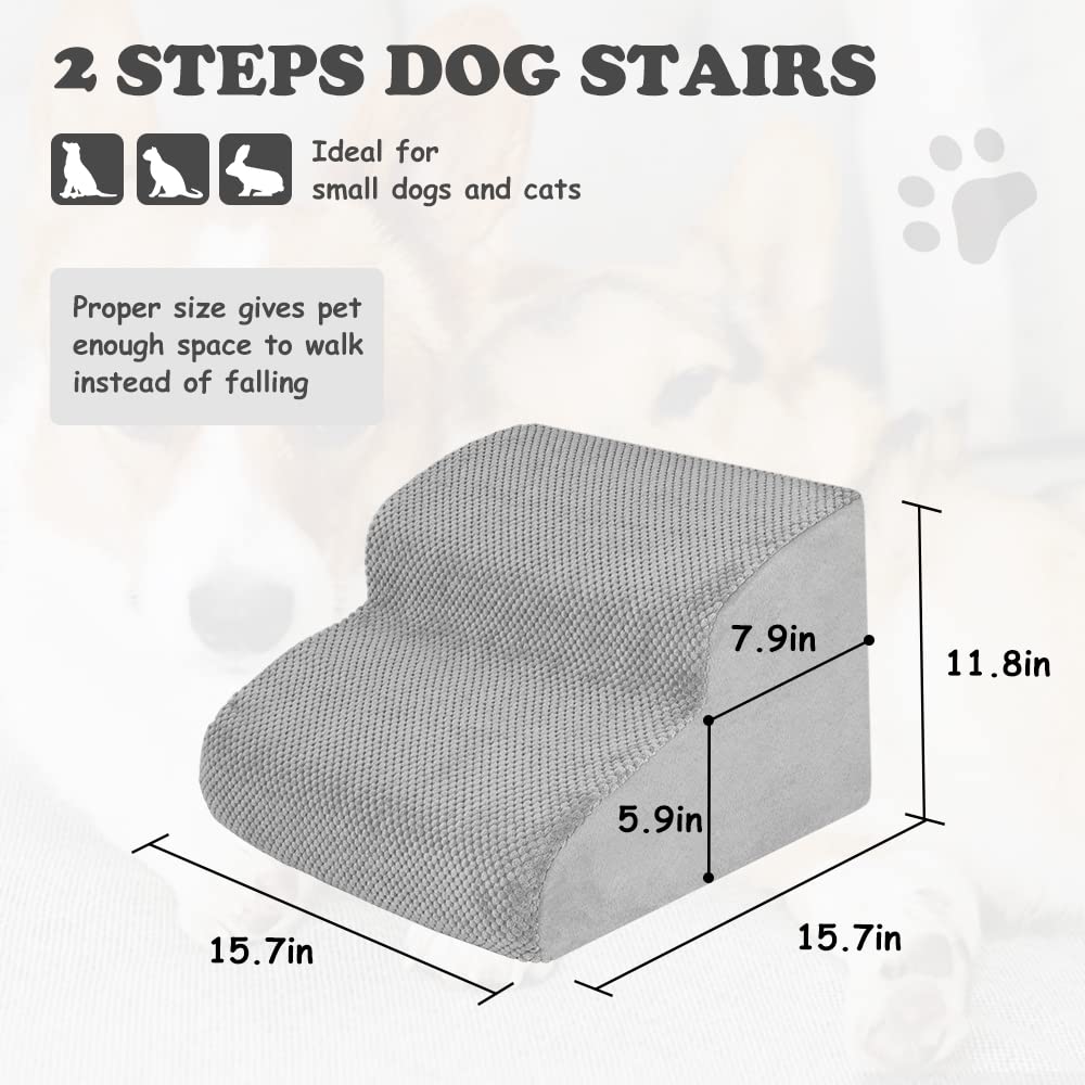 HIDOG Dog Stairs and Ramp, 2-Step Dog Steps for High Beds and Couch, Pet Steps for Small Dogs with Removable Washable Cover, Non-Slip Soft Foam Dog Stairs for Injured Older Pets, Grey -11.8" H