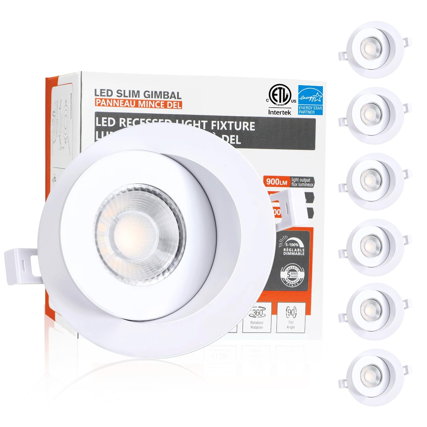 ULCCT Light 3CCT Gimbal 4 Inch 9W 3000K 4000K 5000K Pot Lights, Dimmable LED Recessed Slim Lighting, 900LM, 6 Pack