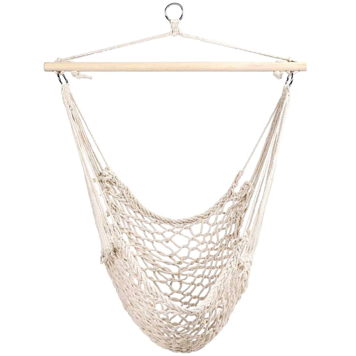TOPIND Hammock Chair Hanging Rope Swing,Soft-Spun Cotton Rope Weaving Cradle Chair with Wood Stick 330lbs Load Capacity for Indoor and Outdoor Use (1, White)