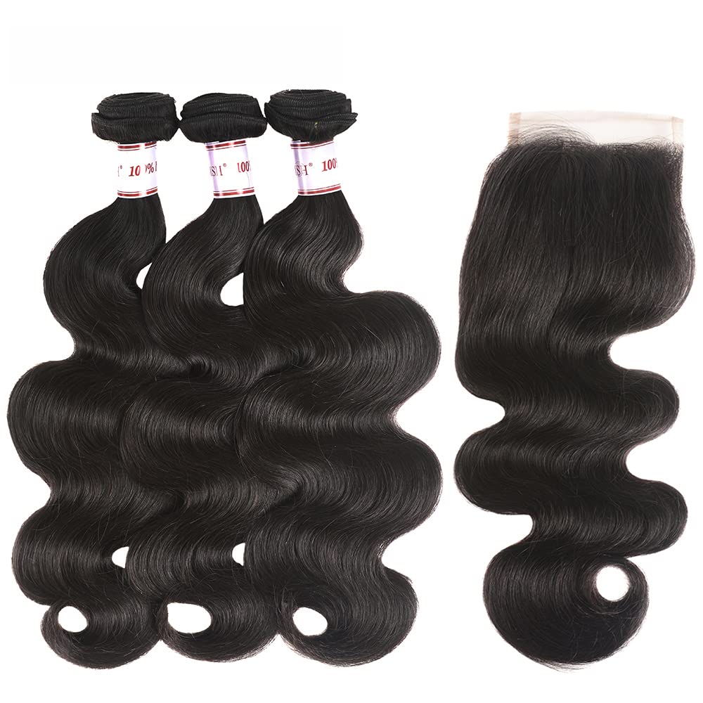Bundles with Closure Brazilian Body Wave 3 Bundles with Closure Virgin 100% Unprocessed Human Hair Extensions 4x4 Free Part Lace Closure Natural Color (16 18 20+14)