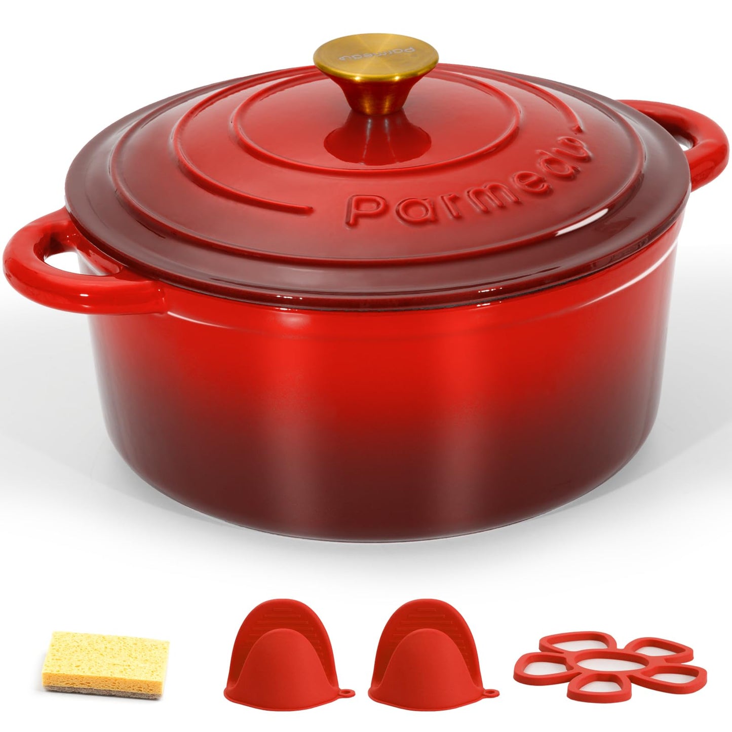 Parmedu Enameled Cast Iron Pot: 5.5 Quart Heavy Duty Dutch Oven with Lid and Dual Handles - Silicone Accessories and Sponge Included, Ideal for Braising, Stewing, Roasting and Baking, Christmas Red