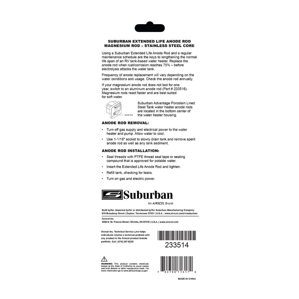 Suburban MFG Magnesium Anode Rod for Water Heaters, Extends the Life of Your Hot Water Tank, Easy Install (233514)