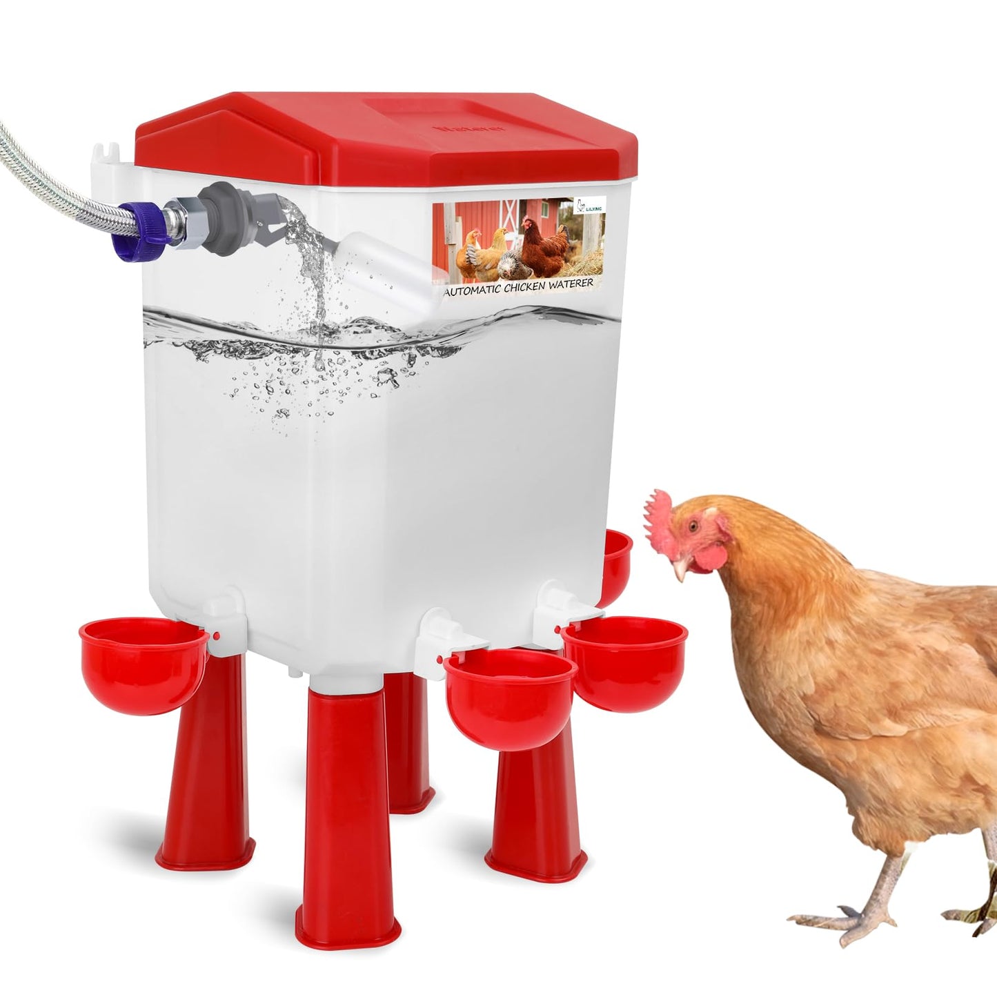 Lilyang Automatic Chicken Waterer 2 Gallon | Float-Control Auto Waterer, Hanging/Standing Design, Connect to 3/4'' Faucet & Hose, Effortless Hydration Solution for Backyard Coop & Small Farm