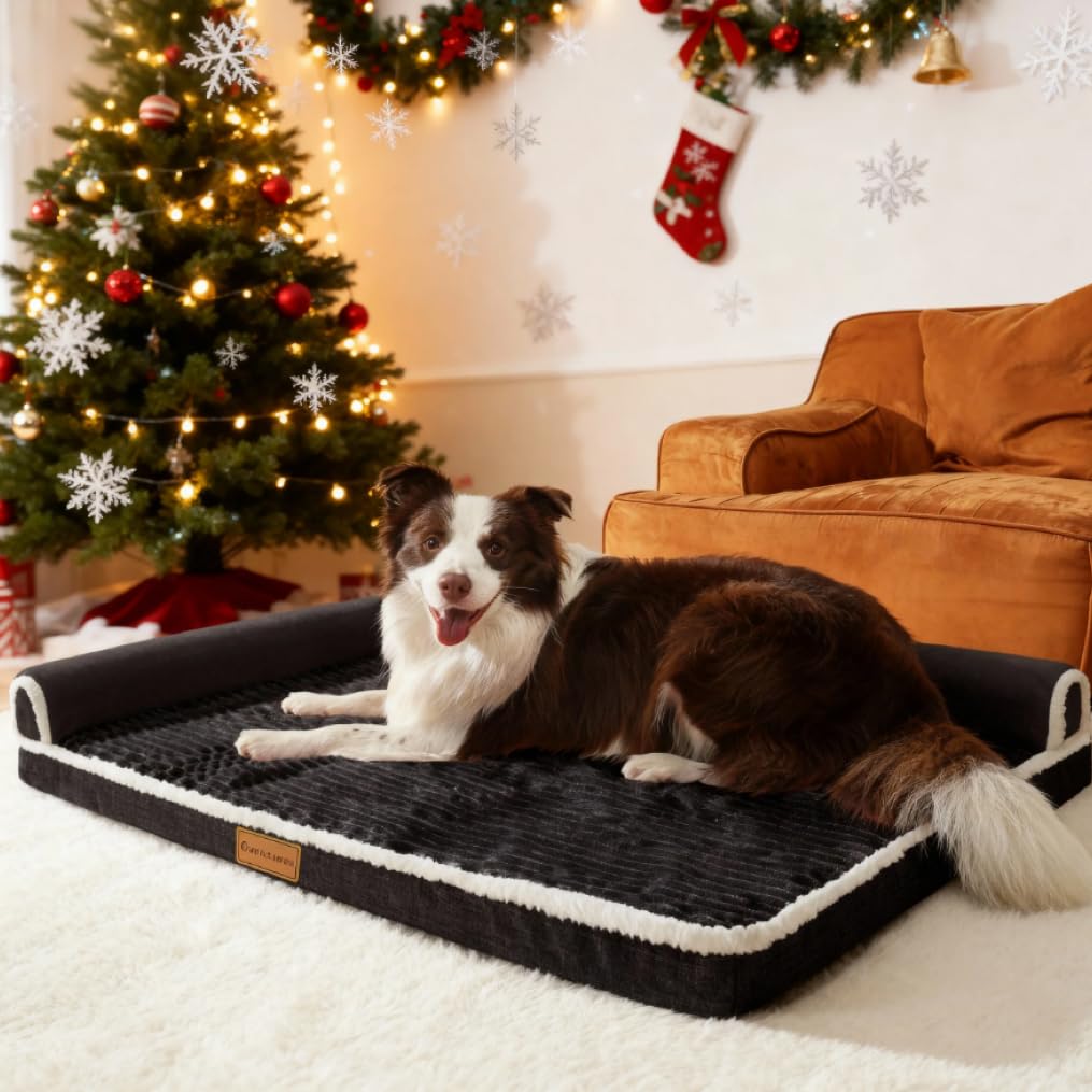 Patas Lague Orthopedic Dog Bed Large Sized Dog 91x61cm, Waterproof Comfortable L Bolster Medium Non-Slip Soft Warm Pet Crate Bed Sleep Sofa mat with Removable Washable Cover, Black