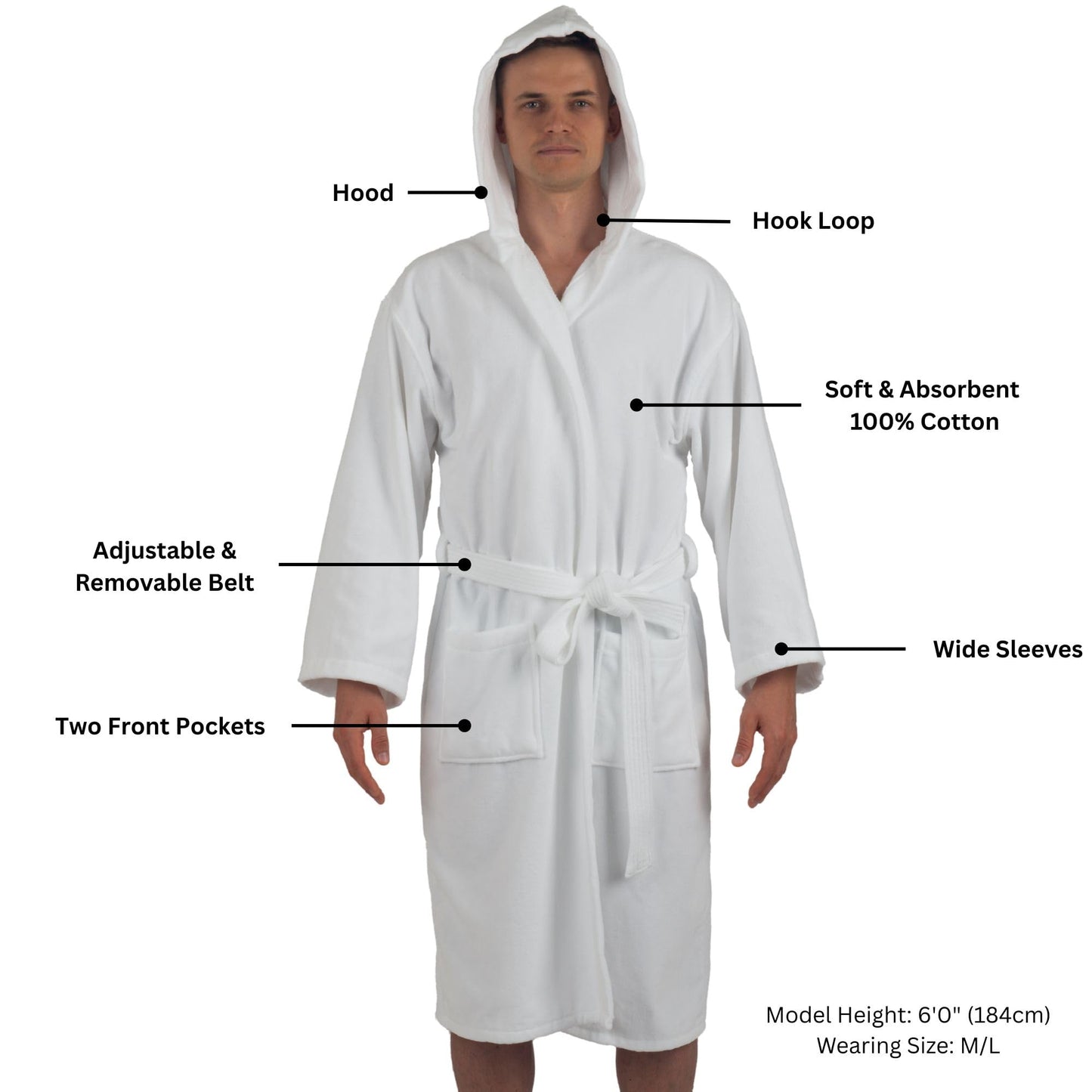 Alpine Swiss Dane Mens Hooded Bathrobe Pure Cotton Terry Cloth Long Robe for Men Super Absorbent Quick Drying Luxury Spa Robe WHT M/L