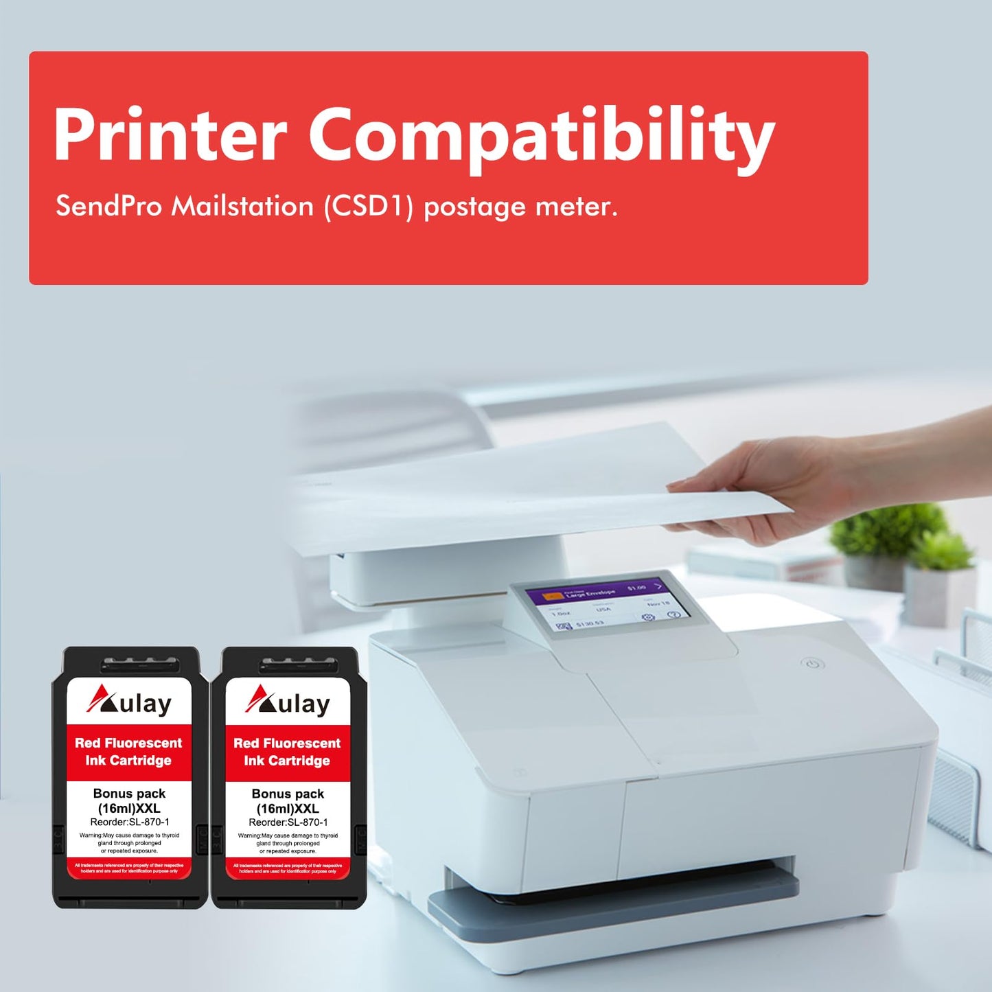 Aulay SL-870-1 Red Ink Cartridge Replacement for Pitney Bowes New SendPro Mailstation (CSD1) Postage Machines| Red| 16ML Large Capacity Ink 2*Pack