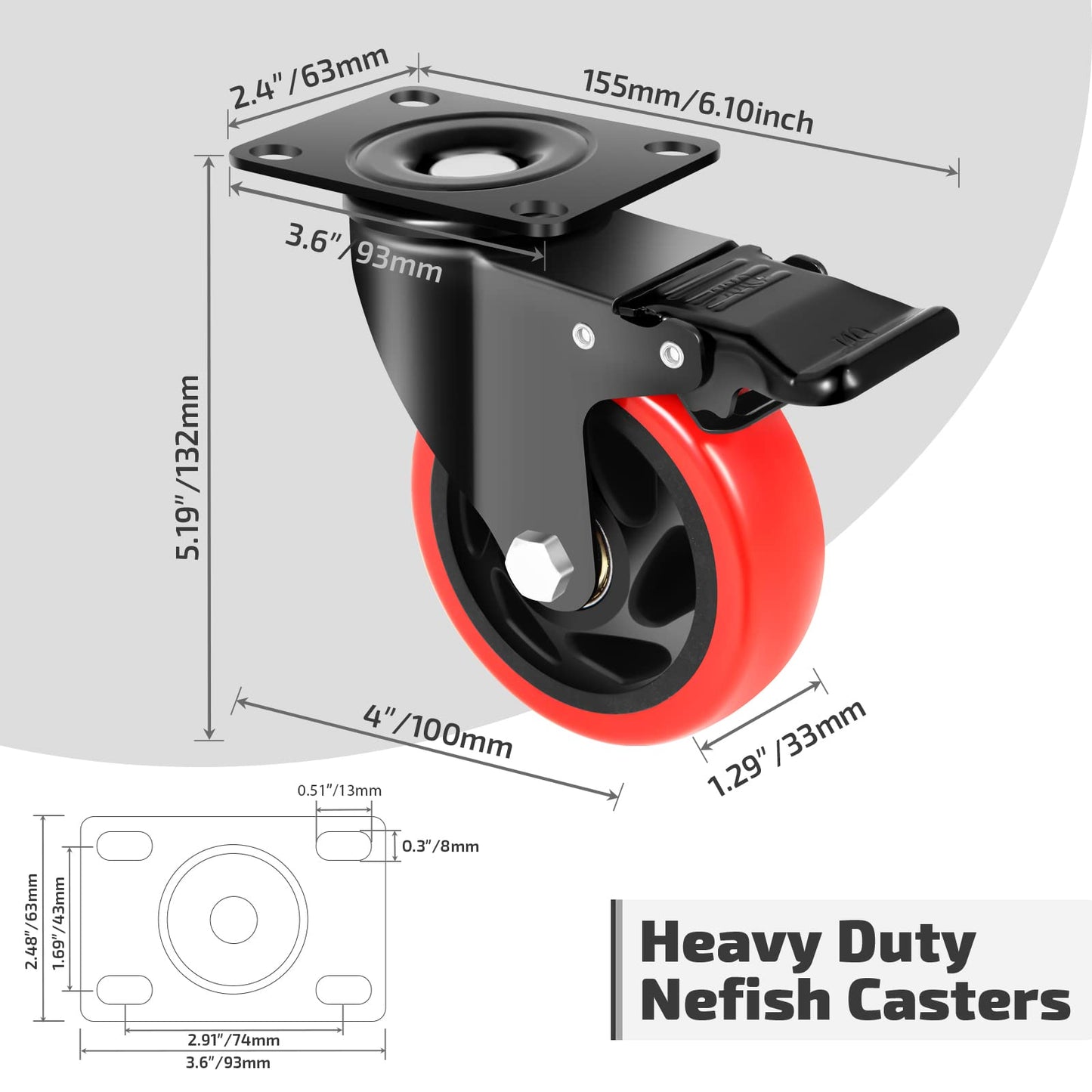 Nefish 4 Inch Industrial Caster Wheels with Brake, Casters Set of 4 Heavy Duty Industrial Grade Casters, Non-Marking Polyurethane Wheels, Workbench Casters 1800 Lbs for Cart, Furniture, Shelving