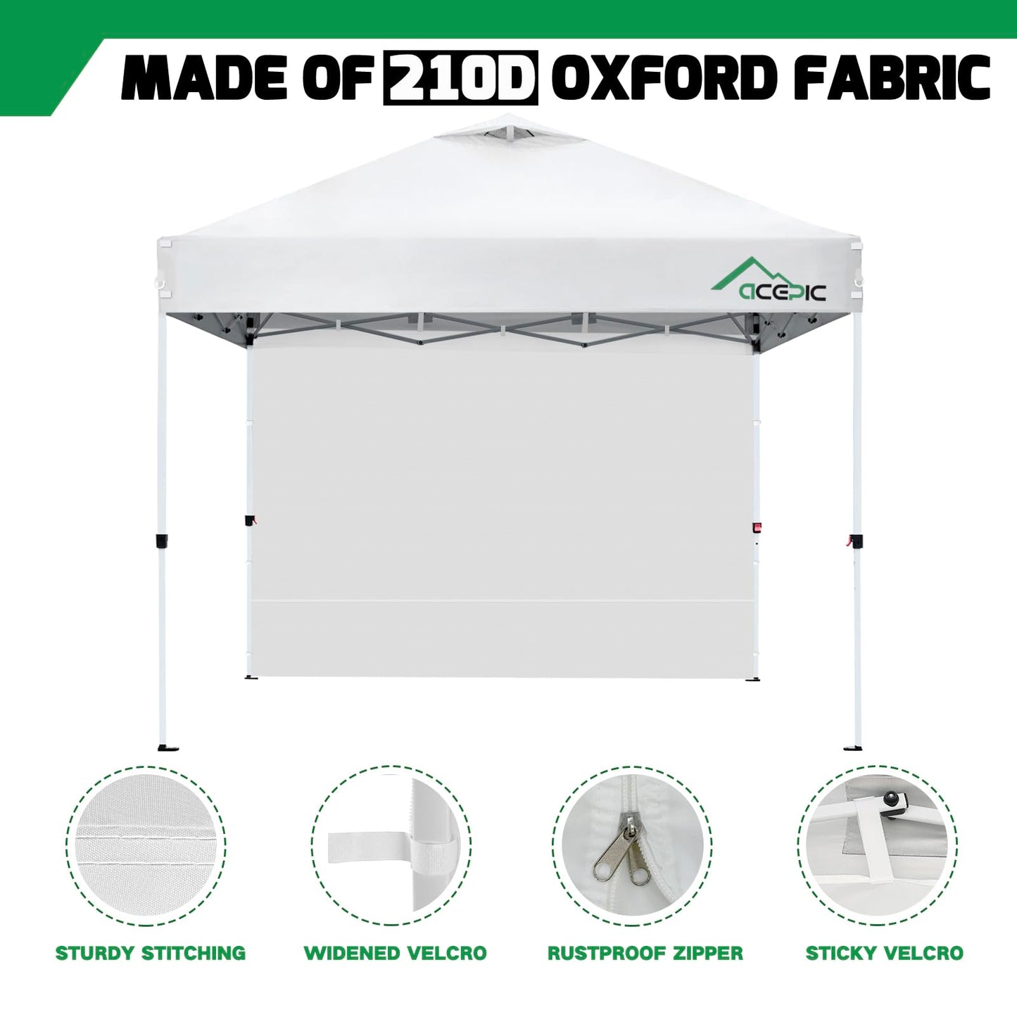 Acepic 3PCS White 210D Waterproof Sidewalls for 10x10 Pop Up Canopy Tent, Fits Most 10x10 ft Canopies, Camping