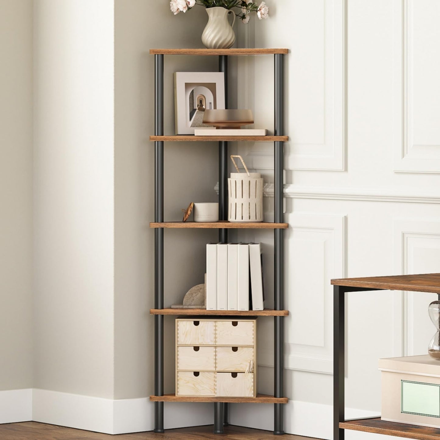 HOOBRO Corner Shelf, Industrial 5-Tier Wall Corner Bookshelf with Metal Frame, Corner Shelf Stand Display Plant Flower, Bookcase for Small Spaces, Bedroom, Living Room, Rustic Brown BF33CJ01