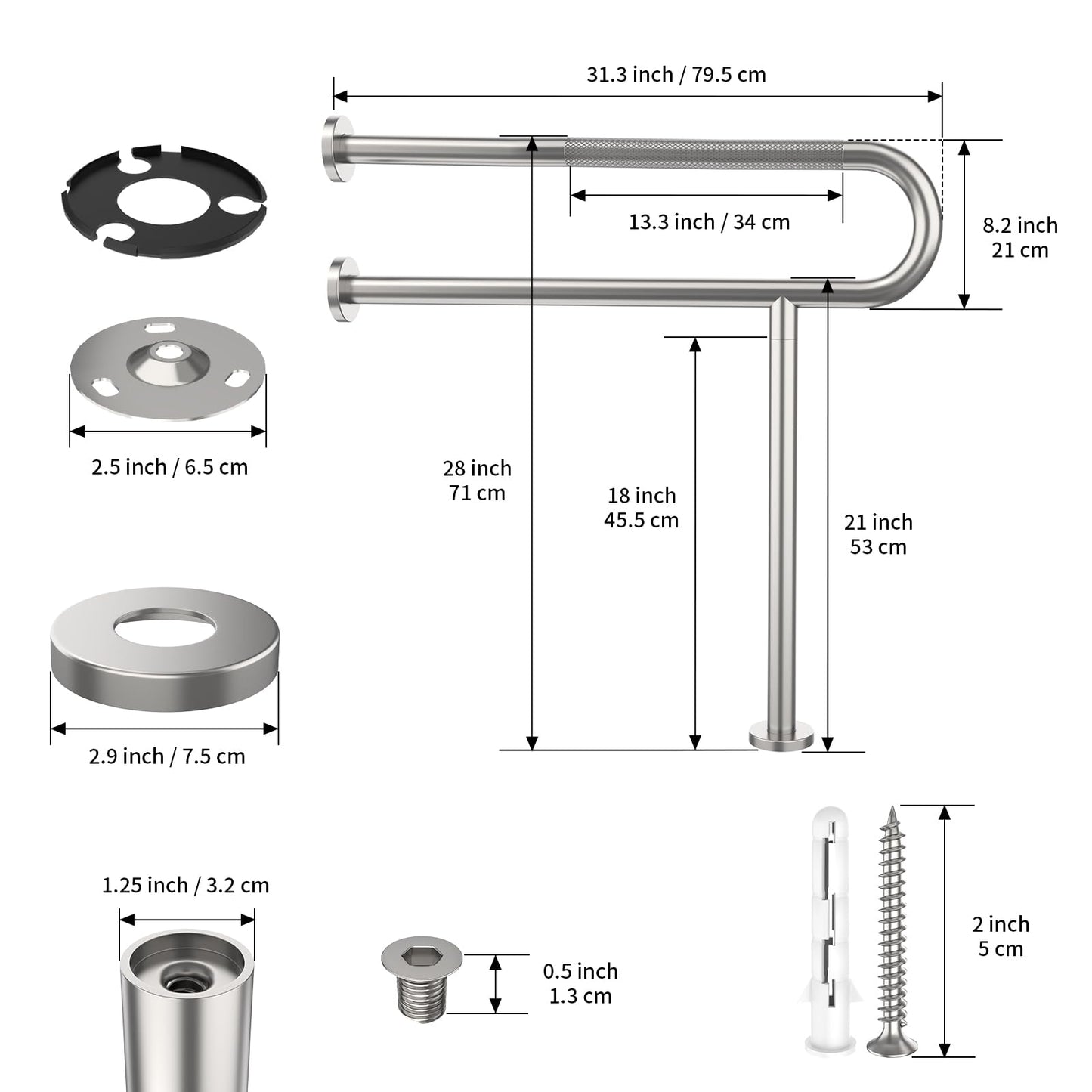 Toilet Grab Bar 31.3 Inch, Munzong Wall to Floor Brushed Nickel Bathroom Safety Bar w/Anti-Slip Knurled Grip, Stainless Steel Handicap Grab Bar with Leg,Support Bar for Disabled Elderly Pregnant