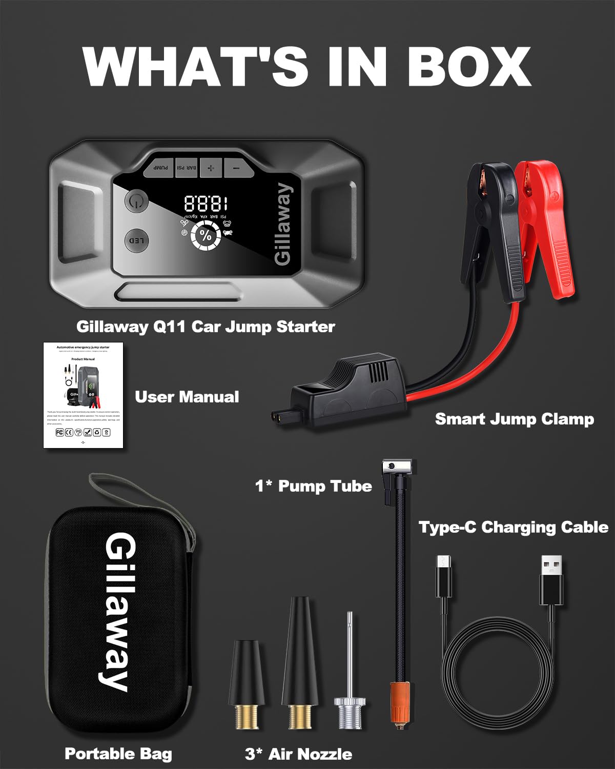 Gillaway Q11 4000A Jump Starter, Portable Car Jump Starter with Air Compressor, 150PSI Car Battery Jump Starter (9.0 Gas/8.0L Diesel), 12V Jump Box Car Battery Jumper Starter with Large LCD Display