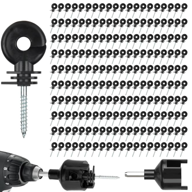 200 PCS Electric Fence Insulators with Socket Tool, Screw in Ring Insulator for Fence Wood Post, Compatible with Electric Polywire or Steel and Aluminum Wire - Black