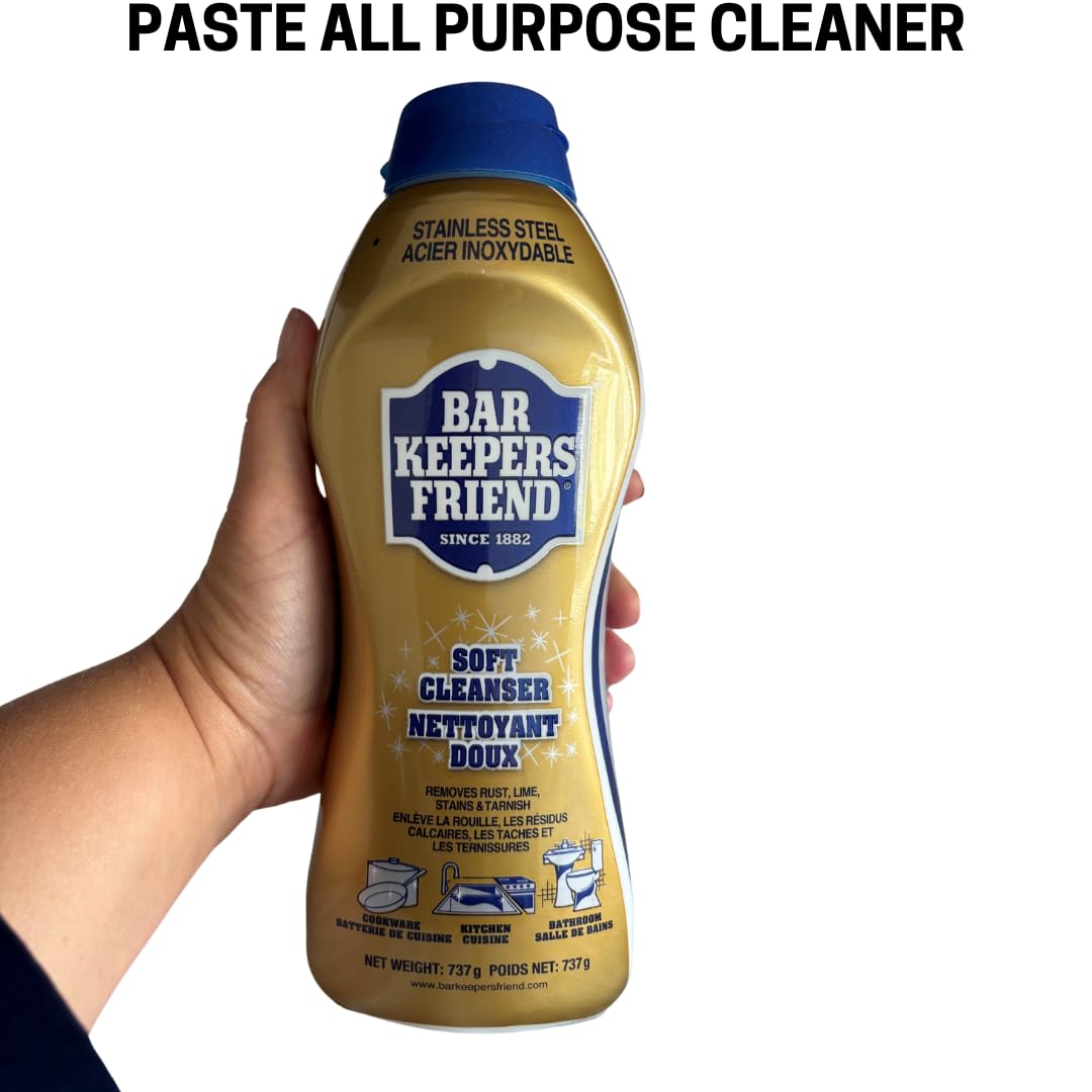 4 pack Cleaning Bundle | Bar Keepers Soft Cleanser 13 oz + Stainless Steel Cleanser Powder 12 oz | Microfiber Cloth | Pair of Nitrile Cleaing Gloves Large Size