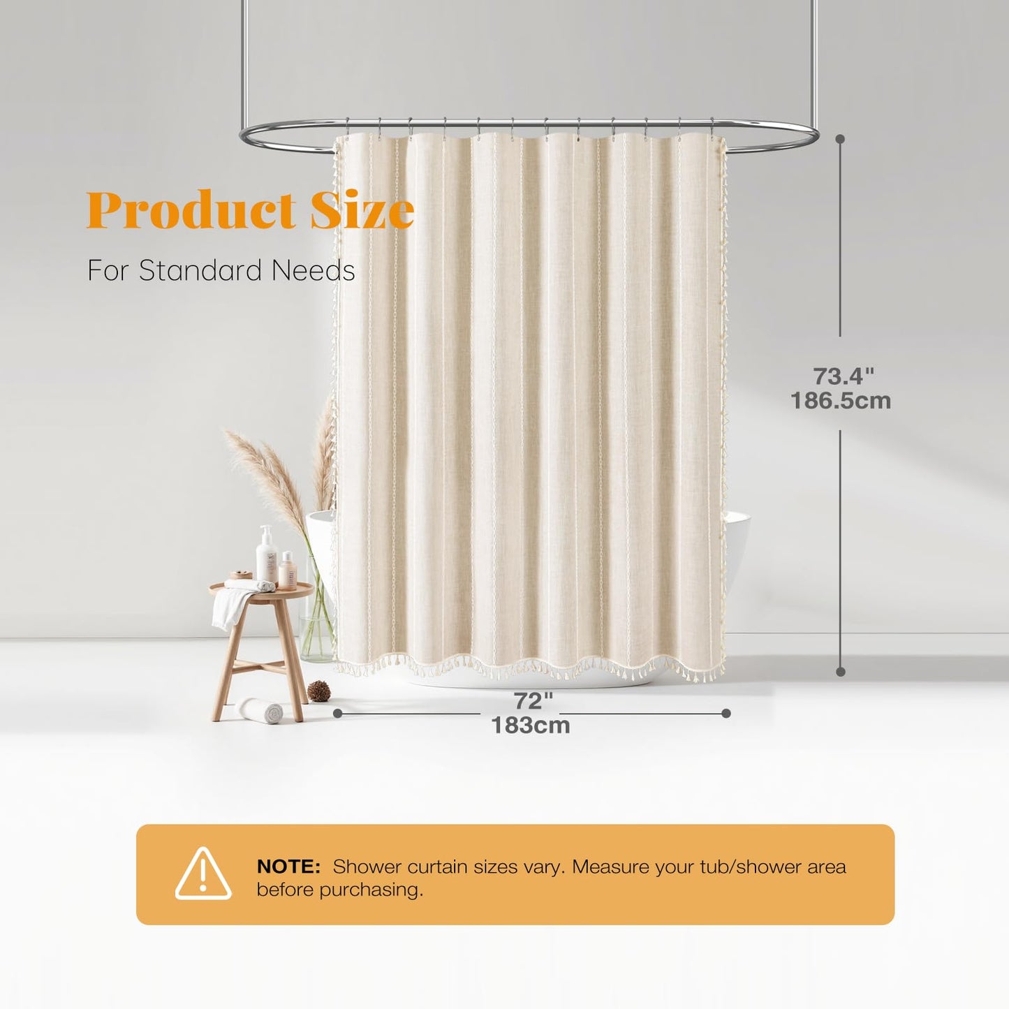 BTTN Boho Farmhouse Shower Curtain, Linen Rustic Bohemian Striped Cloth Shower Curtain Set with Tassel, Water Repellent, Modern Vintage Country Fabric Shower Curtains for Bathroom, Cream/Beige, 72x72