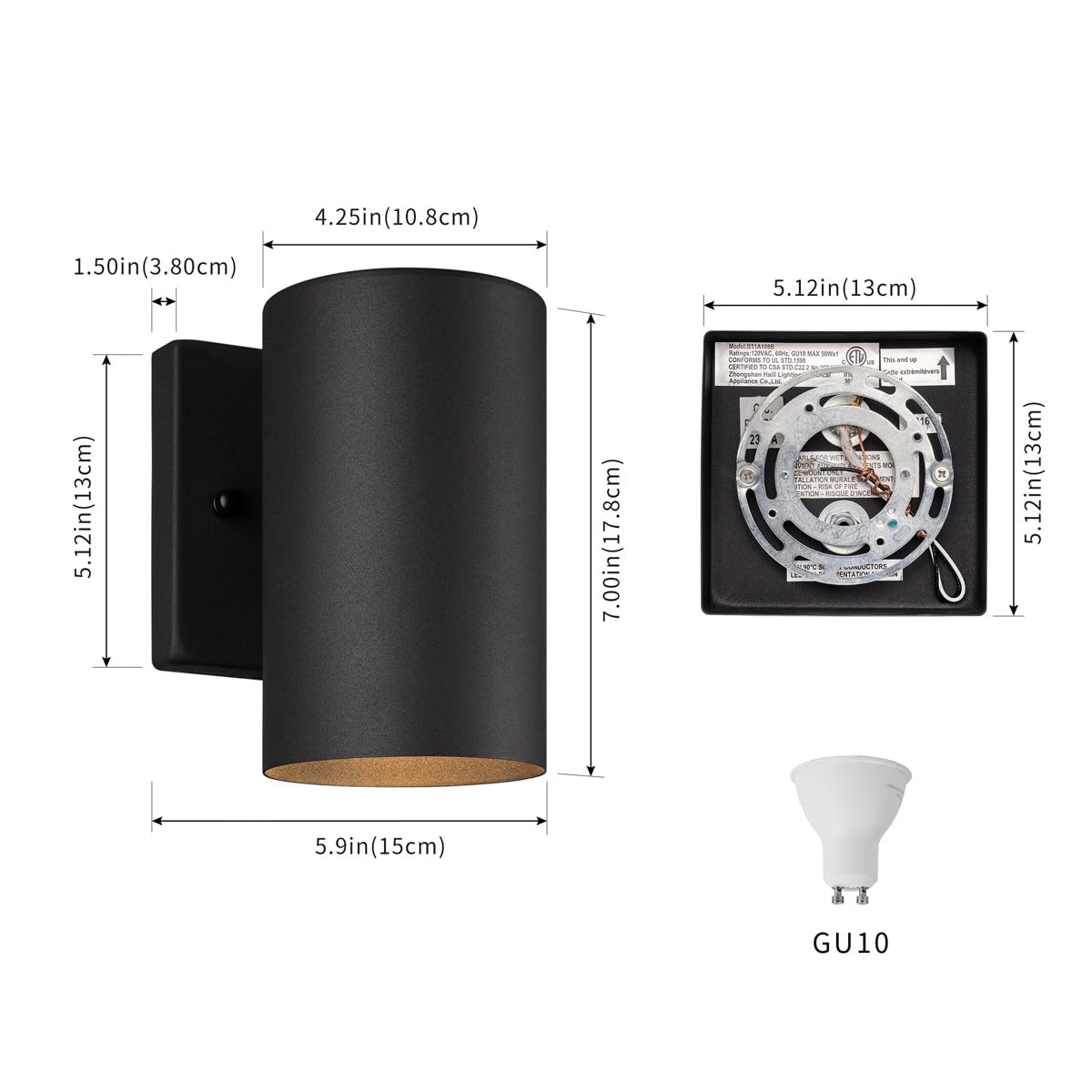 mirrea 7" Modern Outdoor Porch Wall Light Cylinder Downlight Sconce with 5W LED GU10 Replaceable Bulbs in Matte Black Aluminum Pack of 2