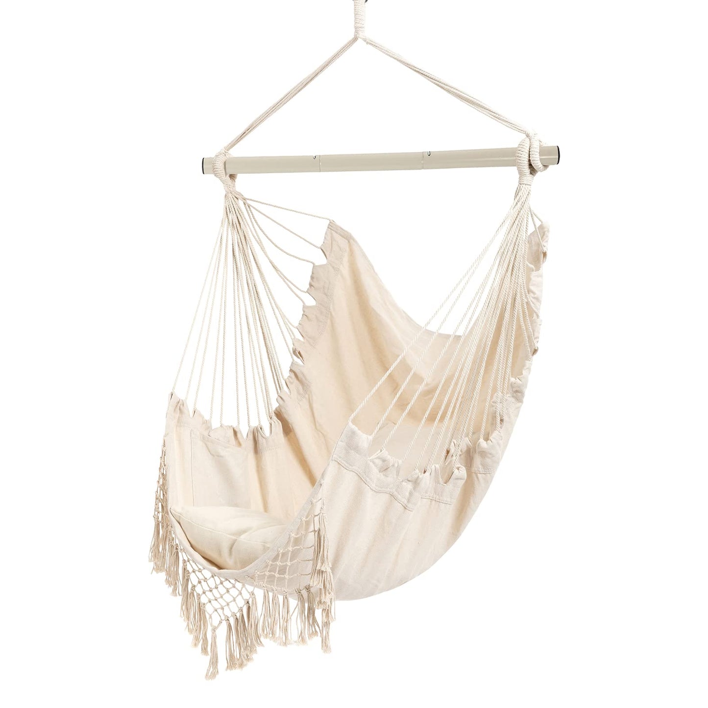 Hammock Chair, Hanging Rope Swing Seat with 2 Cushions,Macrame Hanging Chair Side Pocket with High Load-Bearing Metal Rod,for Indoor, Outdoor, Extra Comfortable