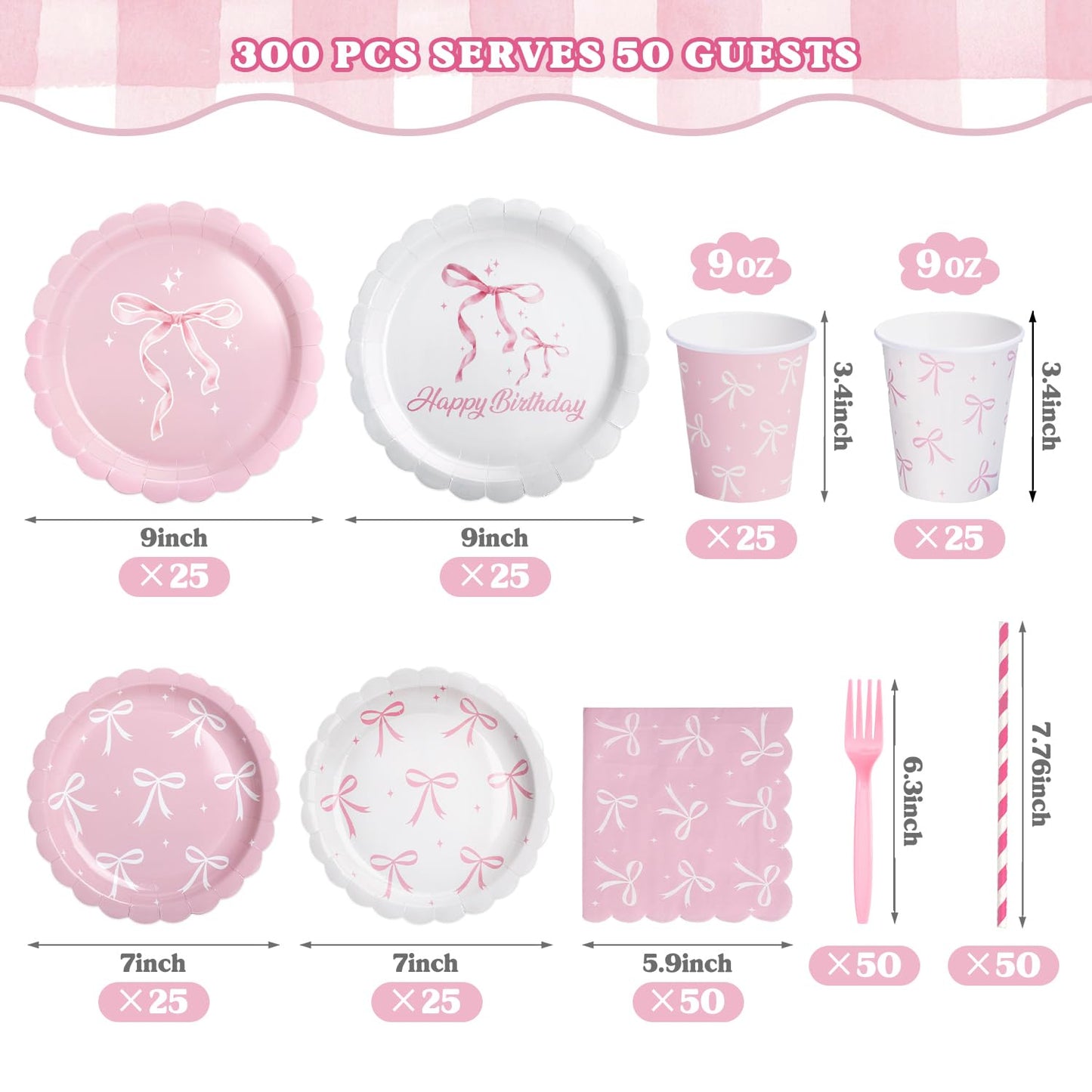 300 Pcs Pink Bow Plates, Cups, Napkins and Tableware Sets for Coquette Birthday Decorations, Pink Birthday Party Supplies Include Straws, Pink Birthday Decorations Which Can Serve 50