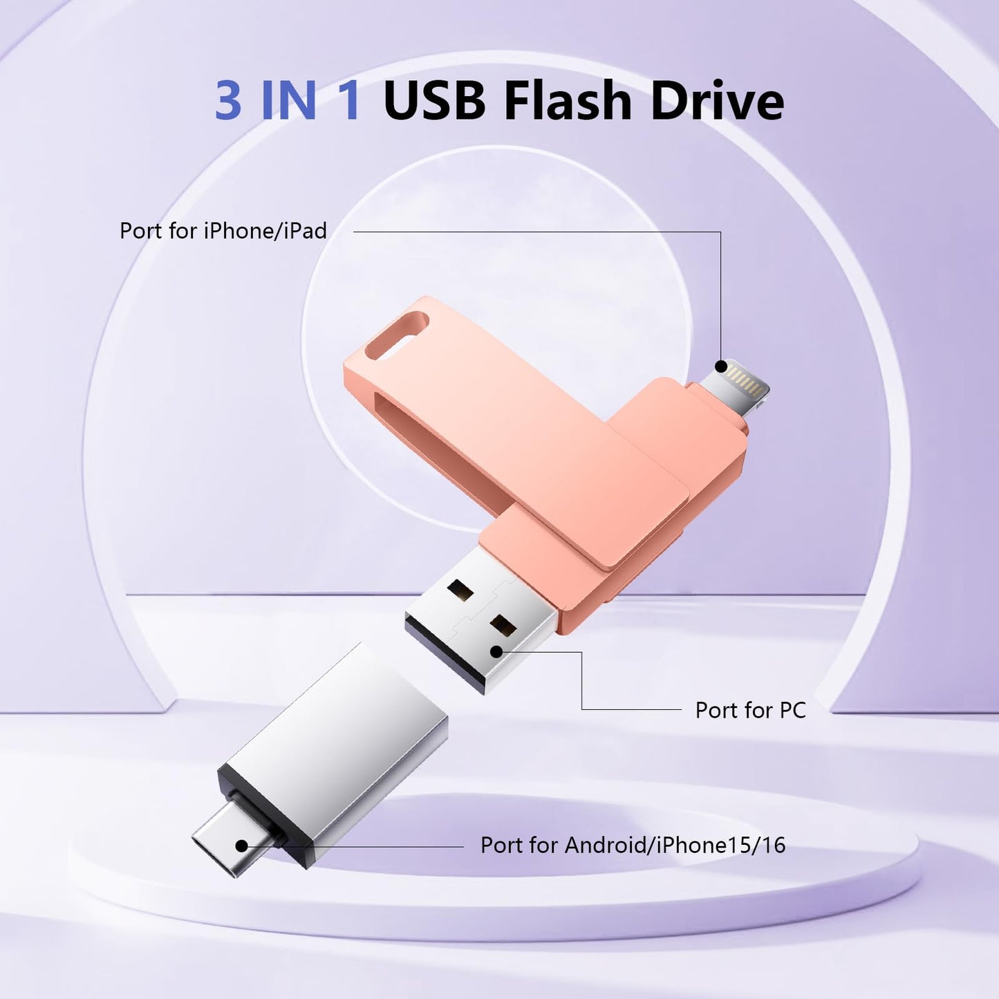 512GB Flash Drive for iPhone Photo Stick - 3 in 1 High Speed USB Stick, USB Thumb Drive Photo Backup Stick Compatible for iOS/Android/PC and More Devices (Pink)