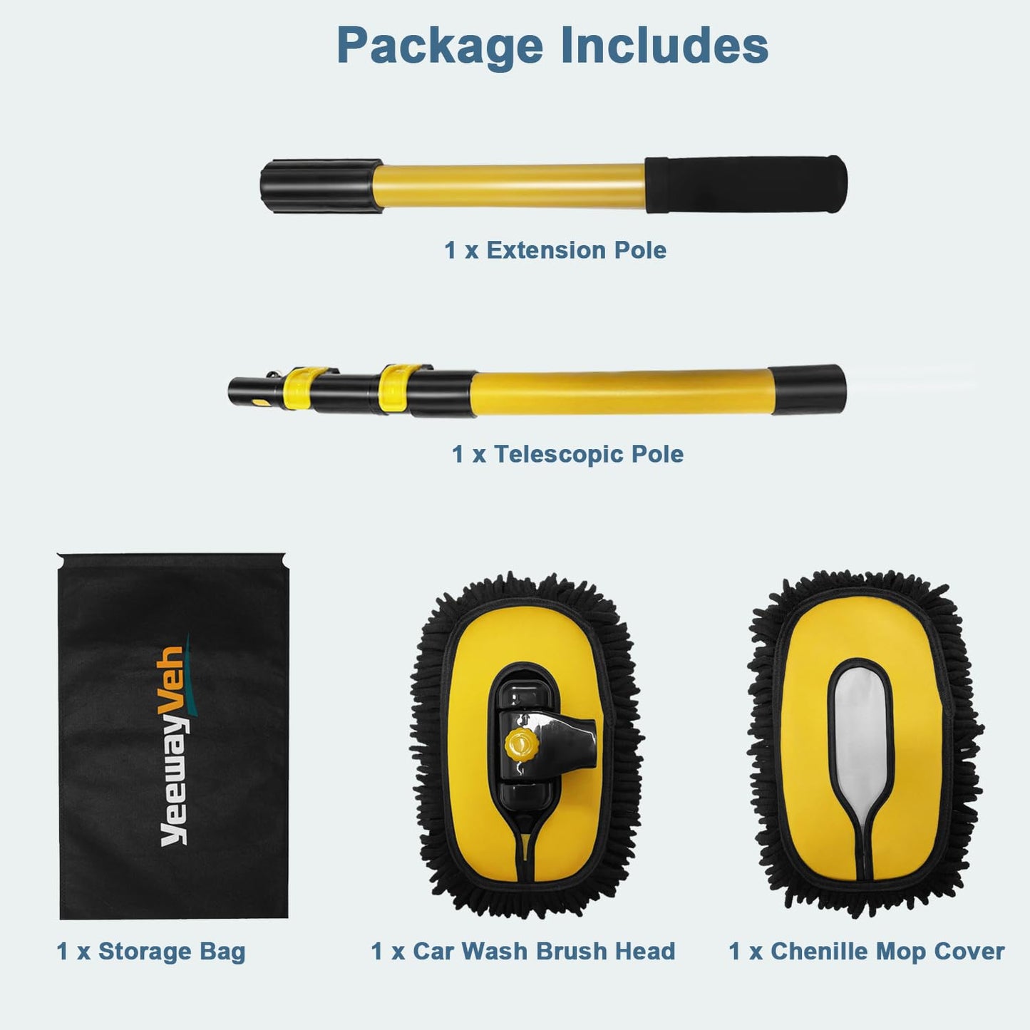 YeewayVeh 140cm 55" Car Wash Brush Mop with Long Handle, 15° Curved Car Wash Cleaning Kit Extendable Microfiber Sponge with Storage Bag for Truck RV Camper Cleaning (2 x Mop Head Cover)