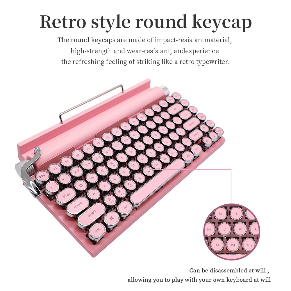 Typewriter Keyboard,Round Keycaps/White Backlit/Compact 75% Layout Keyboard for Windows/Mac/PC/Laptop (Pink)