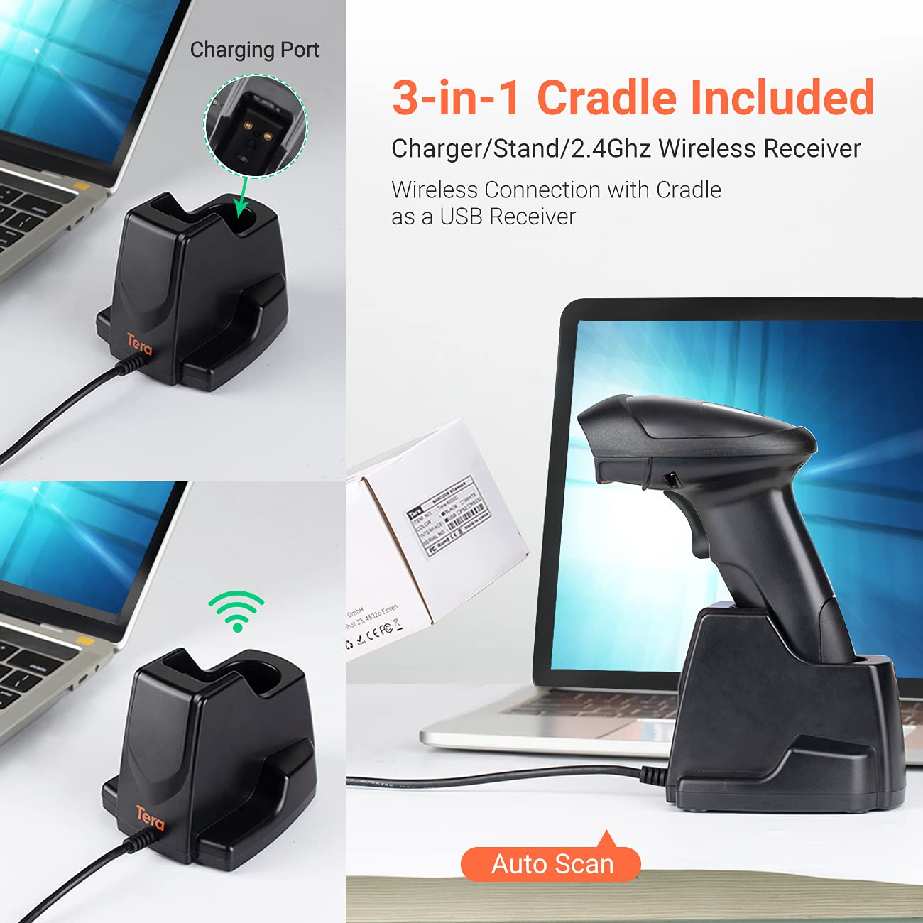 Tera 1D 2D QR Wireless Barcode Scanner with USB Charging Cradle Base Handheld Bar Code Reader Scanners Automatic Sensing Fast Precise Scanner for Small Business Supermarket Warehouse Library HW0005