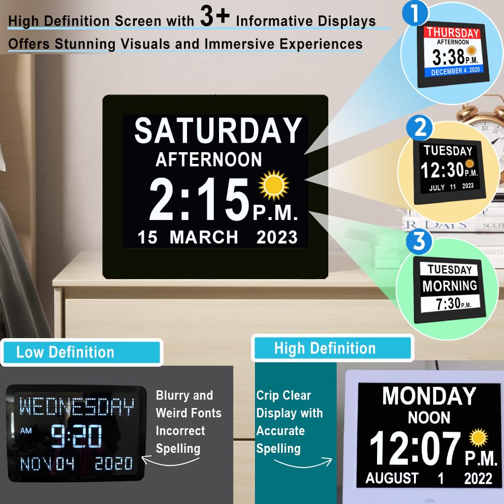 【Upgraded】 Dementia Clock 2.0 with 20 Alarms Custom Reminders, 8" Large Calendar Day Clock, AM/PM, Auto DST, 6 Display, 10 Levels Auto Dimmer, 8 Inch Clock with Day & Date for Elderly