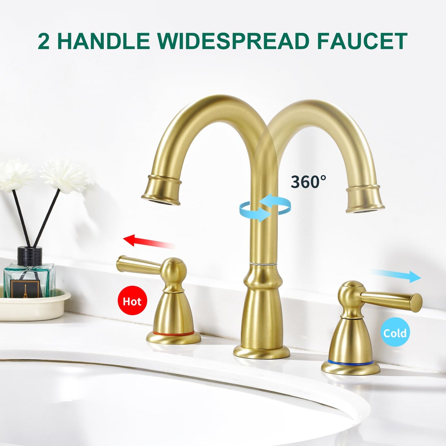 CREA Bathroom Sink Faucet, 2-Handle 3 Hole Bathroom Sink Faucet, Fit for 4inch and 8inch Sink with Pop UP Drain Stopper, Brushed Gold