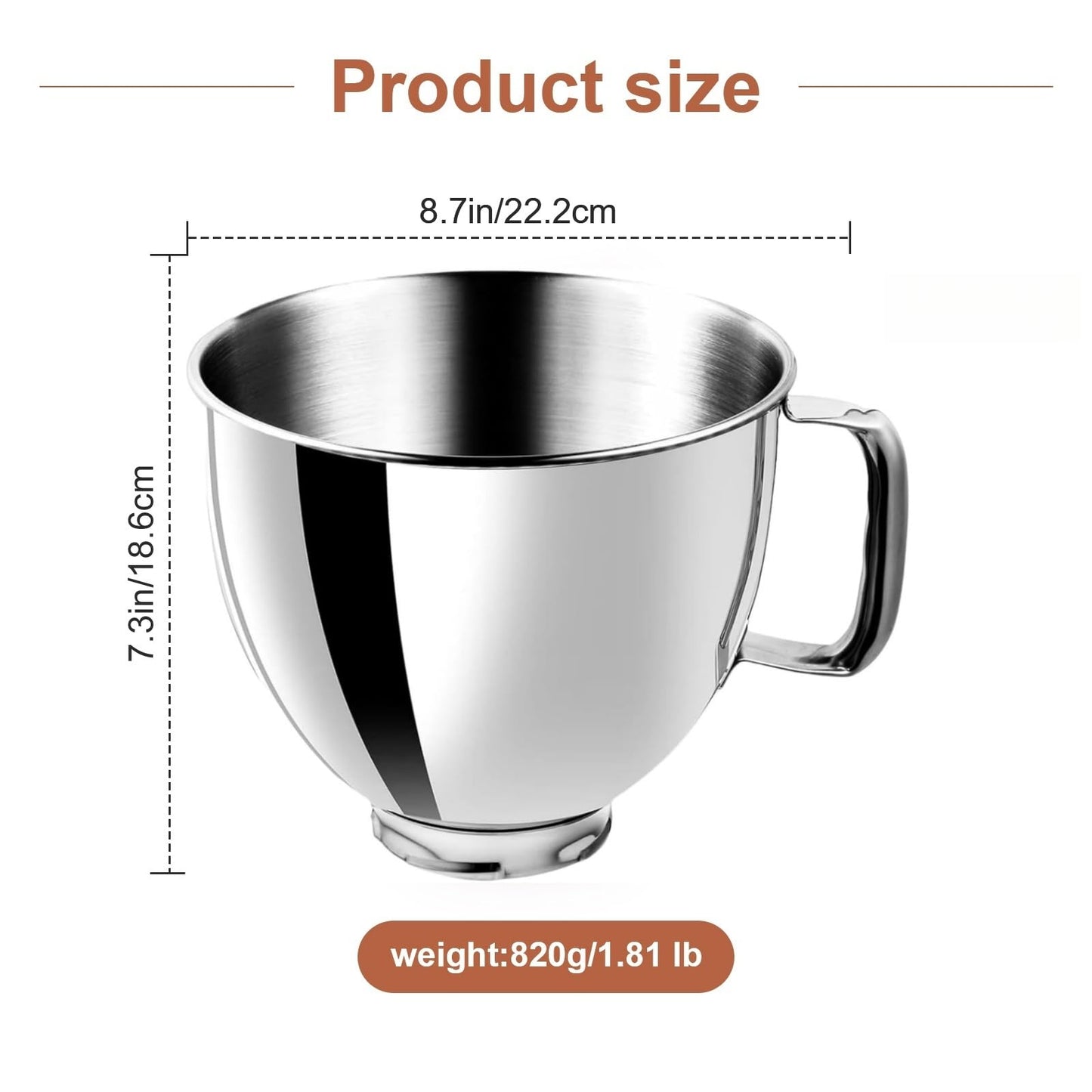 5 Quart Stainless Steel Mixer Bowl Compatible with KitchenAid 4.5 & 5 QT Tilt-Head Stand Mixers, Durable KitchenAid Replacement Bowl, Mixer Accessories for Baking & Cooking (5qt)