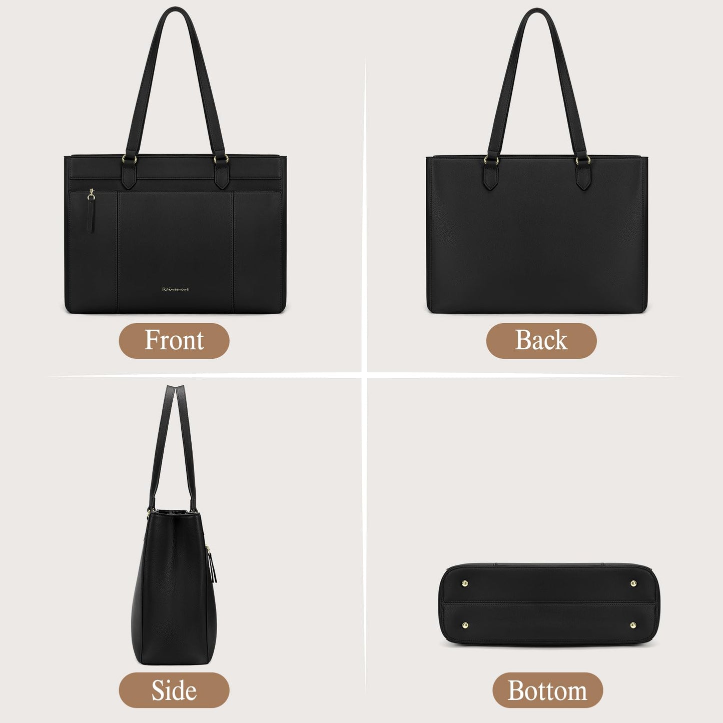 RAINSMORE Work Tote Bags for Women 15.6 Inch Laptop Bag Womens Waterproof PU Laptop Purse with Large Bow Laptop Briefcase for Office Computer Travel Shoulder Handbag, Black