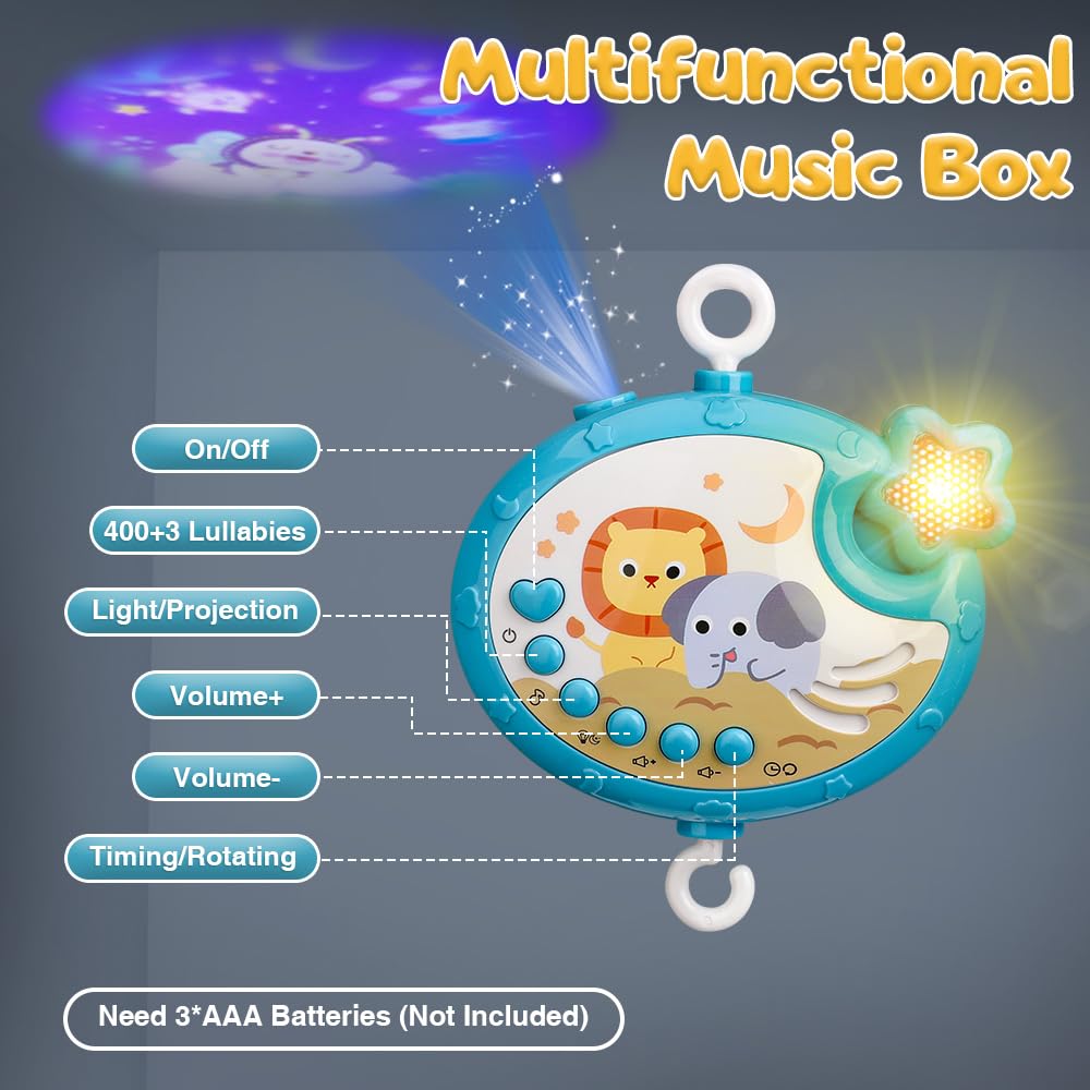 Mini Tudou Crib Mobile with Music and Lights,Baby Mobile for Crib with Hanging Rotating Rattle Toy,Star Projection,400 Lullabies and Timing Function,Remote Control Baby Crib Mobile for Boys Girls